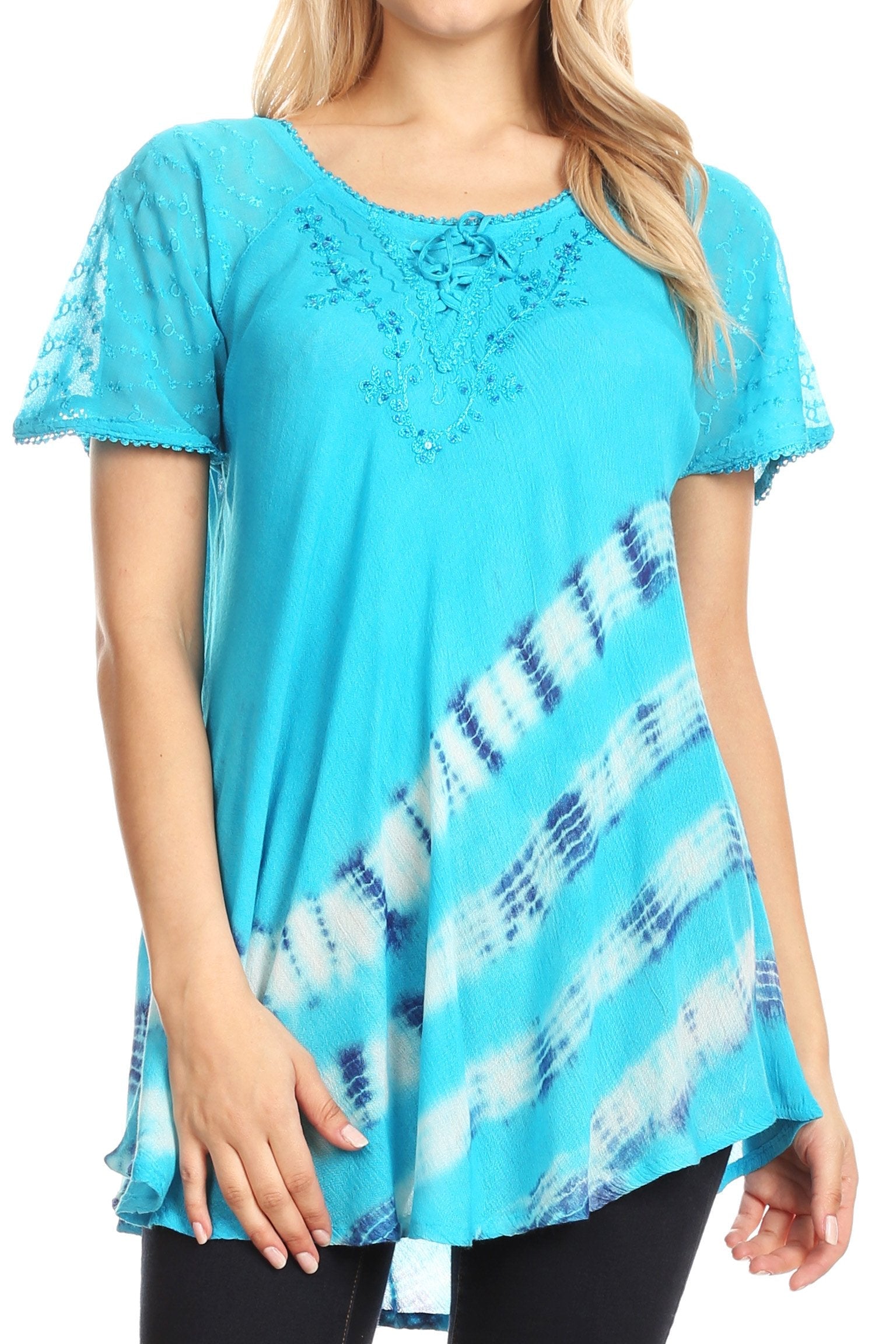 Sakkas Lulu Short Sleeve Summer Casual Fresh Blouse Top Lace Tie-dye & Corset - Concordia Style Boutique