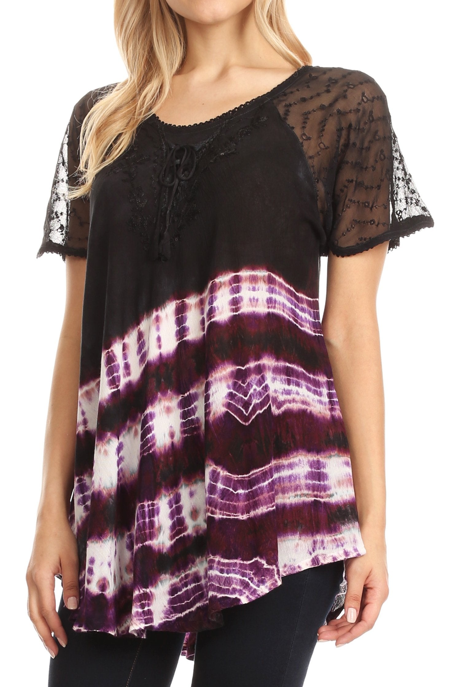 Sakkas Lulu Short Sleeve Summer Casual Fresh Blouse Top Lace Tie-dye & Corset - Concordia Style Boutique