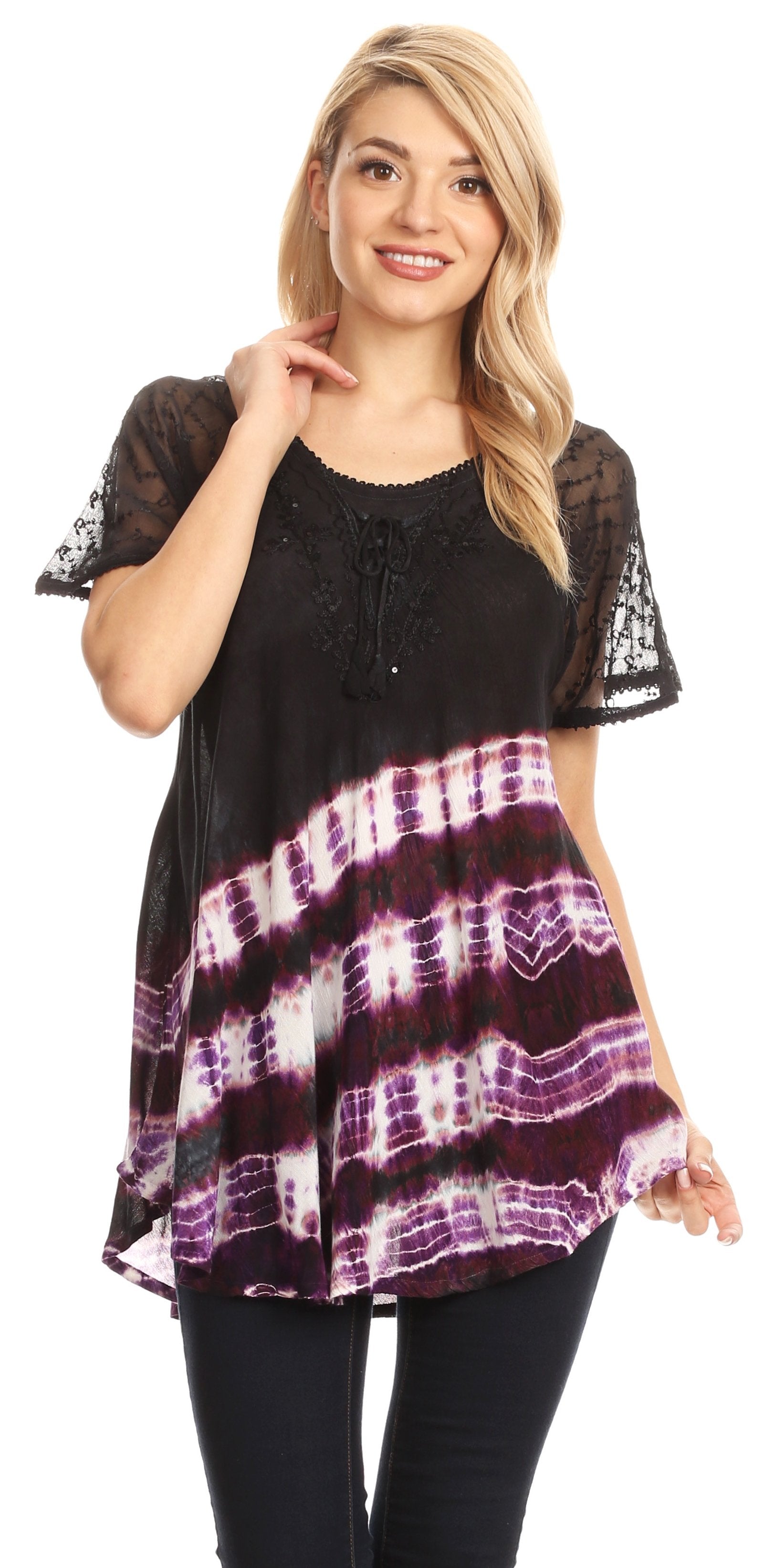 Sakkas Lulu Short Sleeve Summer Casual Fresh Blouse Top Lace Tie-dye & Corset - Concordia Style Boutique