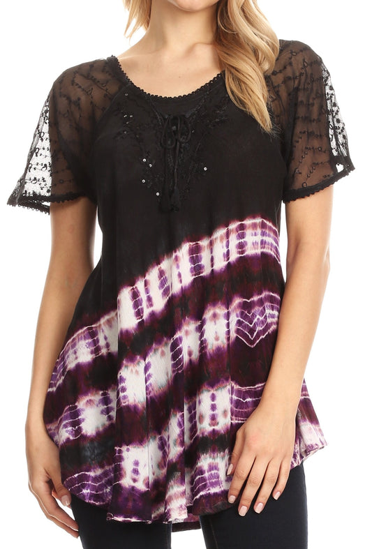 Sakkas Lulu Short Sleeve Summer Casual Fresh Blouse Top Lace Tie-dye & Corset - Concordia Style Boutique