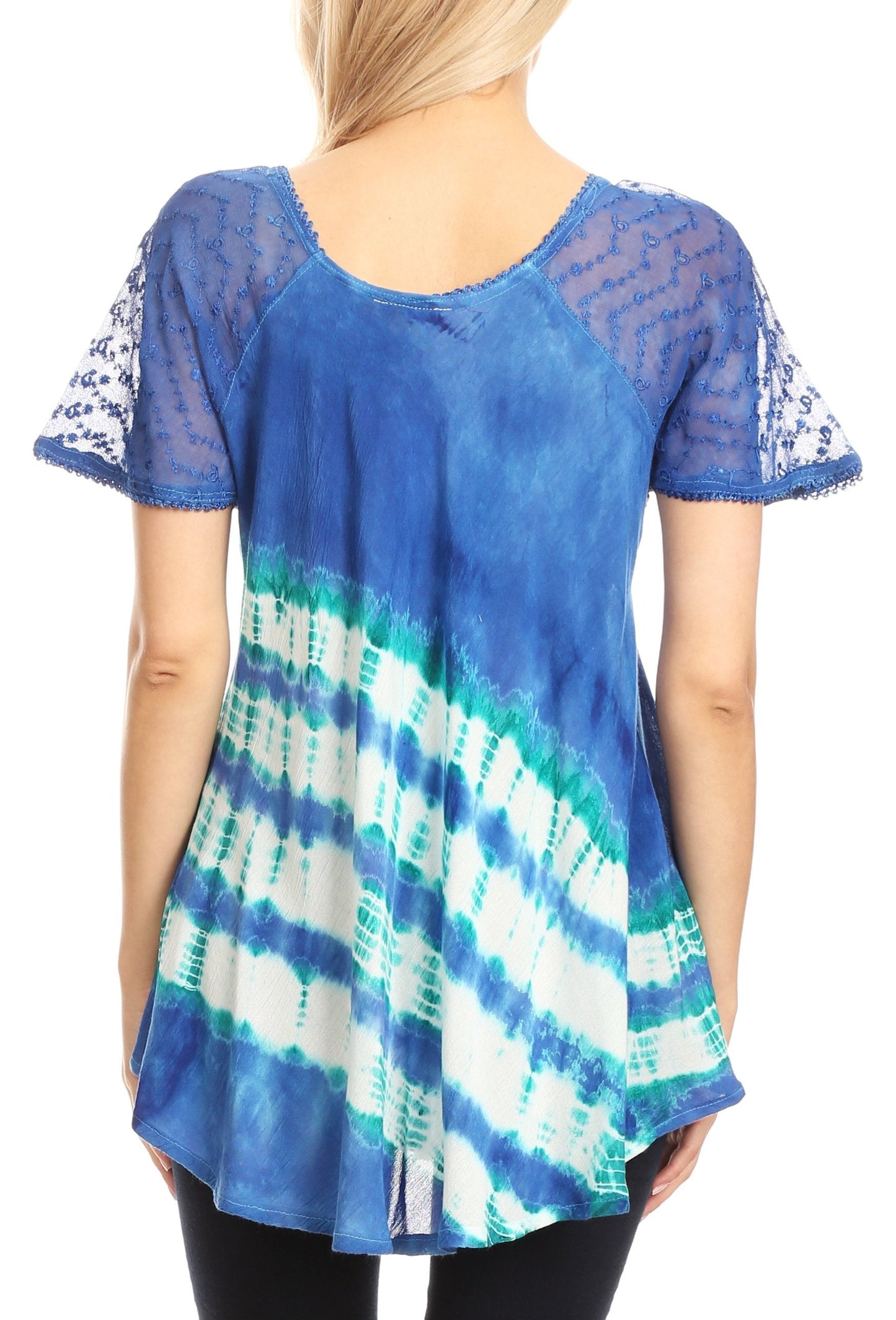 Sakkas Lulu Short Sleeve Summer Casual Fresh Blouse Top Lace Tie-dye & Corset - Concordia Style Boutique