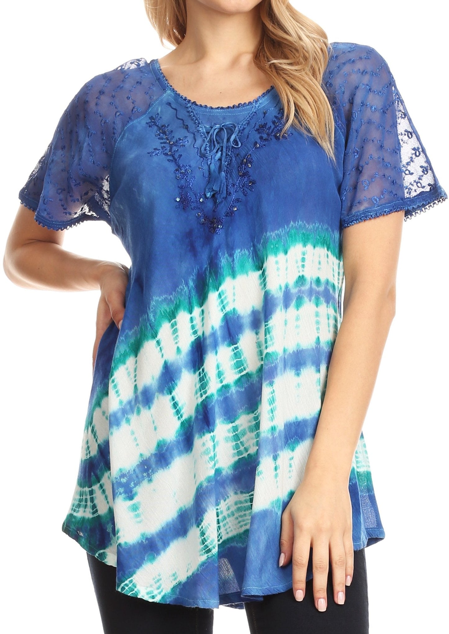 Sakkas Lulu Short Sleeve Summer Casual Fresh Blouse Top Lace Tie-dye & Corset - Concordia Style Boutique
