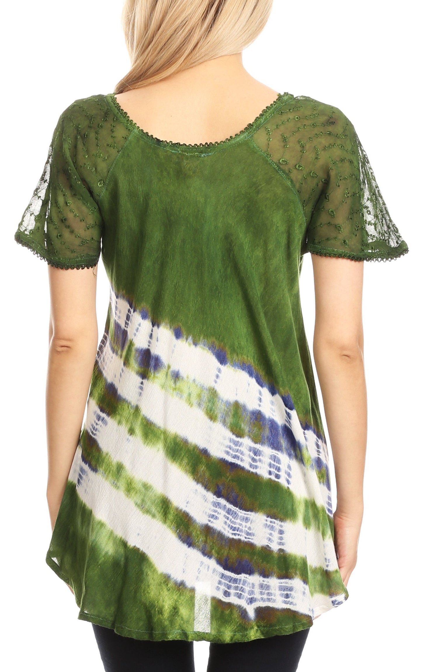 Sakkas Lulu Short Sleeve Summer Casual Fresh Blouse Top Lace Tie-dye & Corset - Concordia Style Boutique