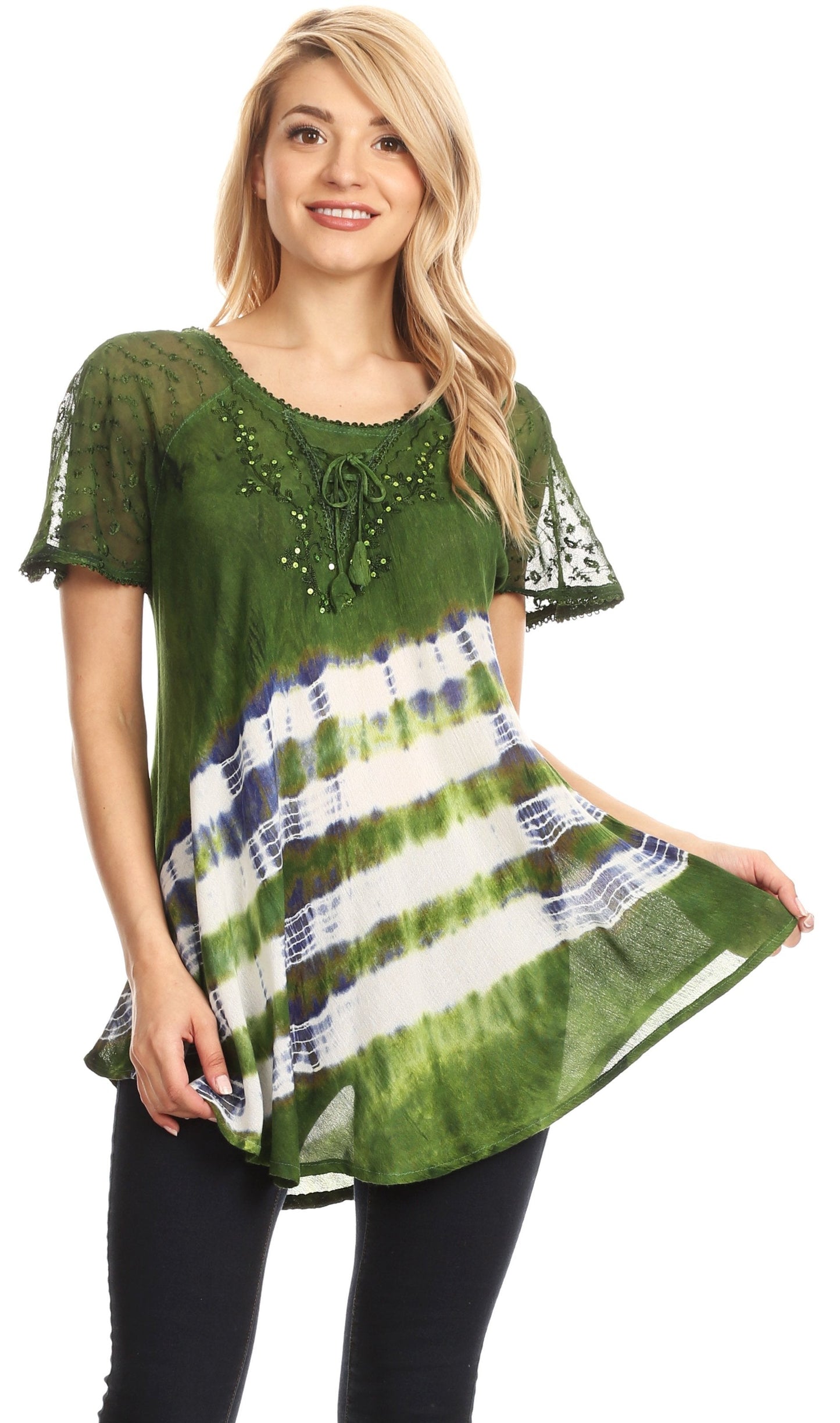 Sakkas Lulu Short Sleeve Summer Casual Fresh Blouse Top Lace Tie-dye & Corset - Concordia Style Boutique