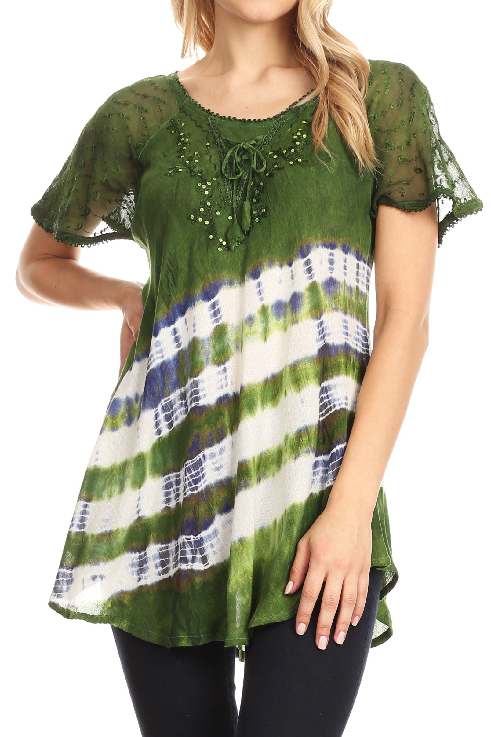 Sakkas Lulu Short Sleeve Summer Casual Fresh Blouse Top Lace Tie-dye & Corset - Concordia Style Boutique
