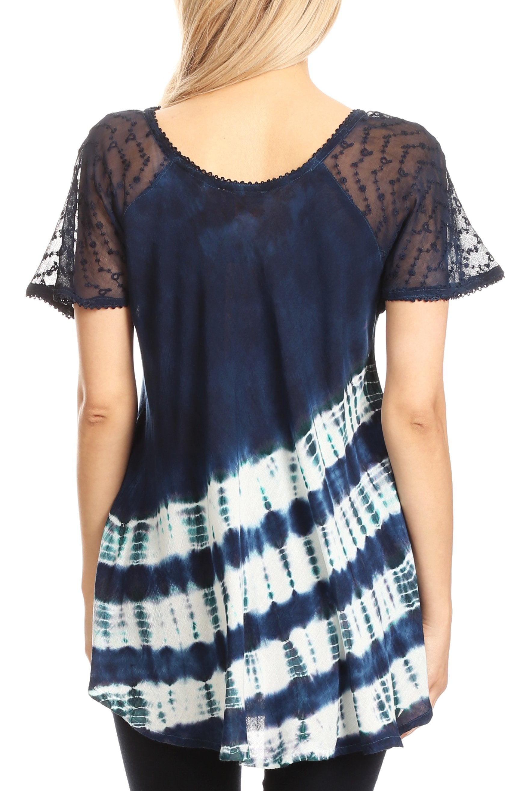 Sakkas Lulu Short Sleeve Summer Casual Fresh Blouse Top Lace Tie-dye & Corset - Concordia Style Boutique