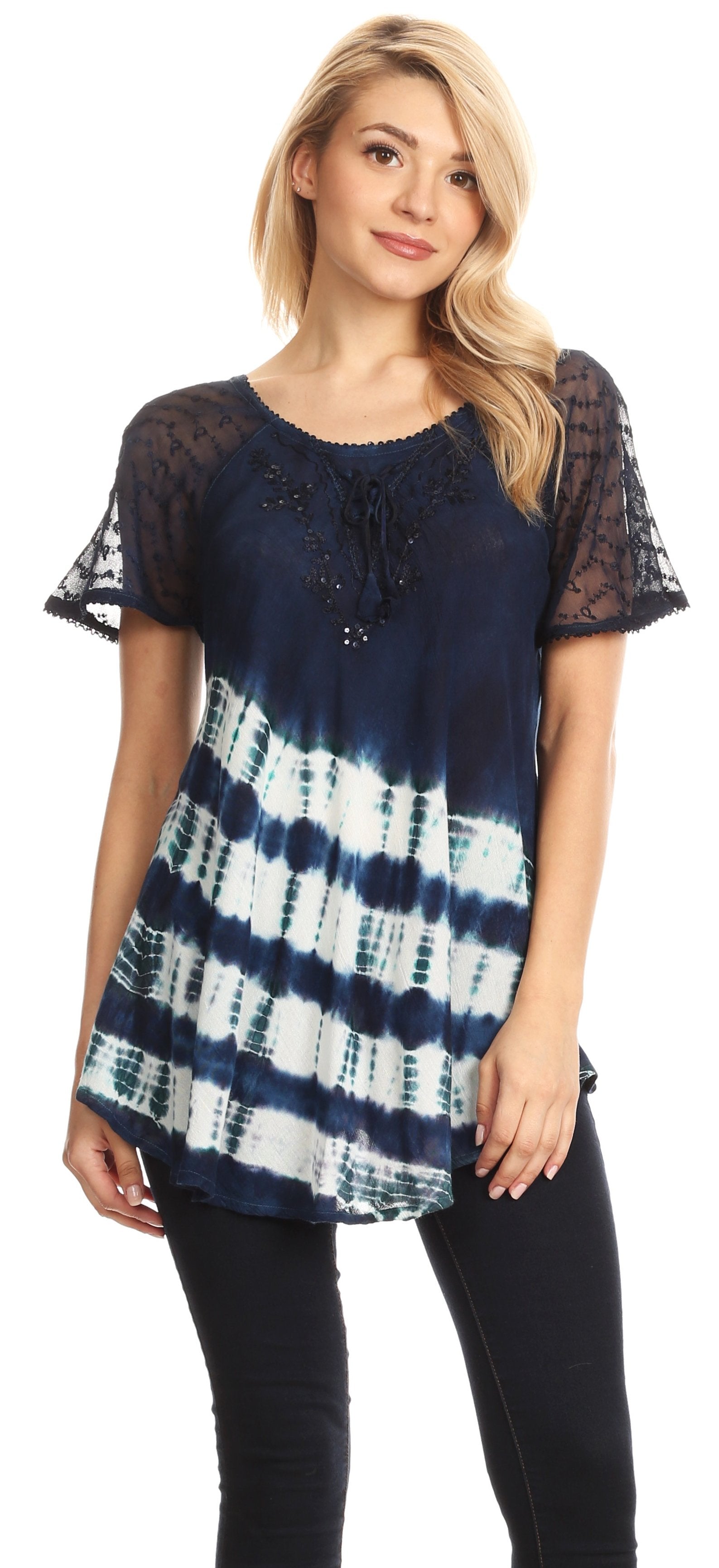 Sakkas Lulu Short Sleeve Summer Casual Fresh Blouse Top Lace Tie-dye & Corset - Concordia Style Boutique