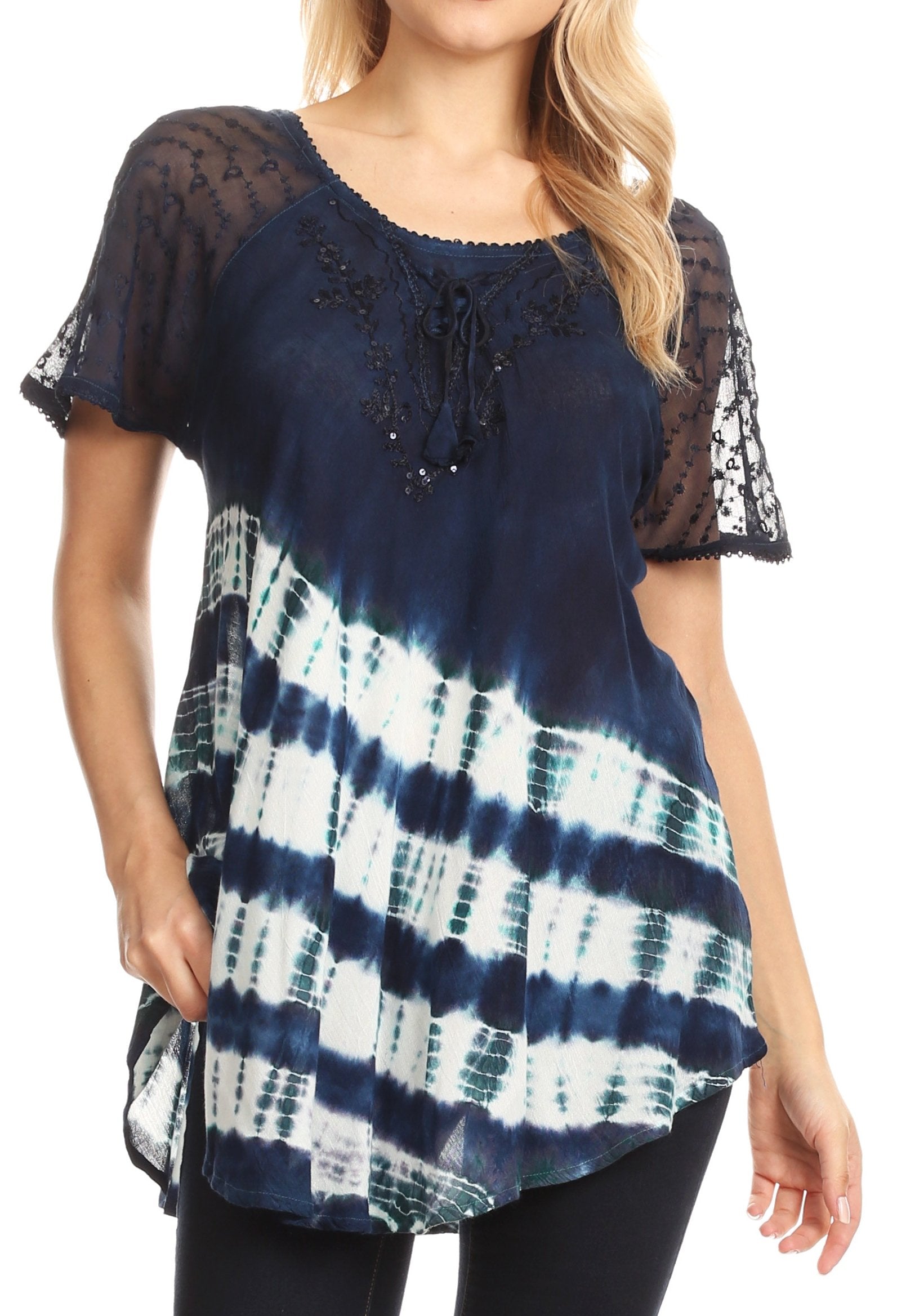 Sakkas Lulu Short Sleeve Summer Casual Fresh Blouse Top Lace Tie-dye & Corset - Concordia Style Boutique