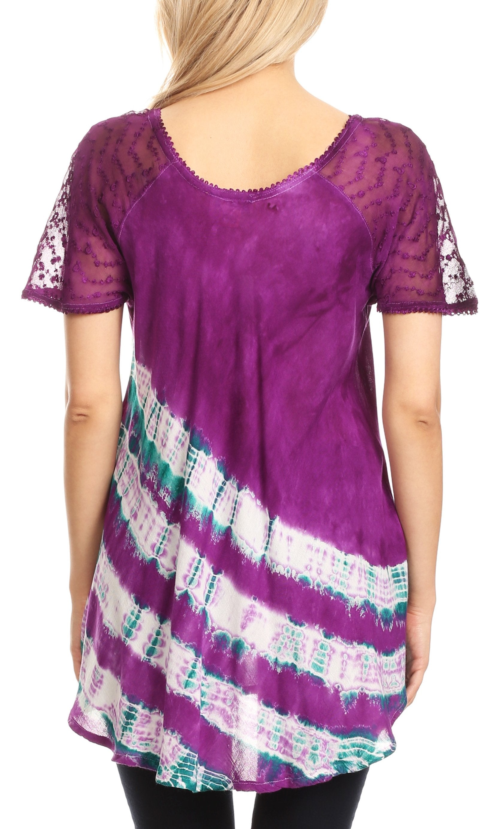 Sakkas Lulu Short Sleeve Summer Casual Fresh Blouse Top Lace Tie-dye & Corset - Concordia Style Boutique
