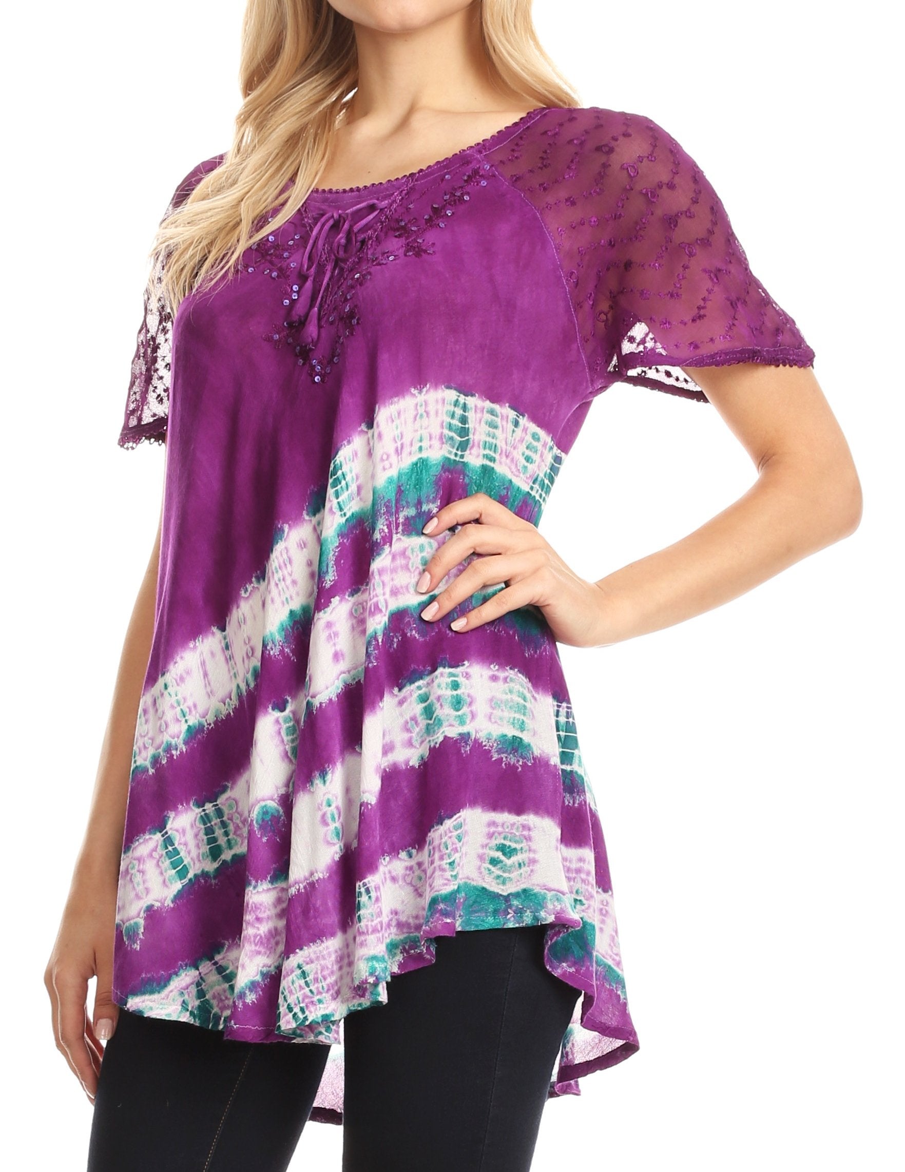 Sakkas Lulu Short Sleeve Summer Casual Fresh Blouse Top Lace Tie-dye & Corset - Concordia Style Boutique