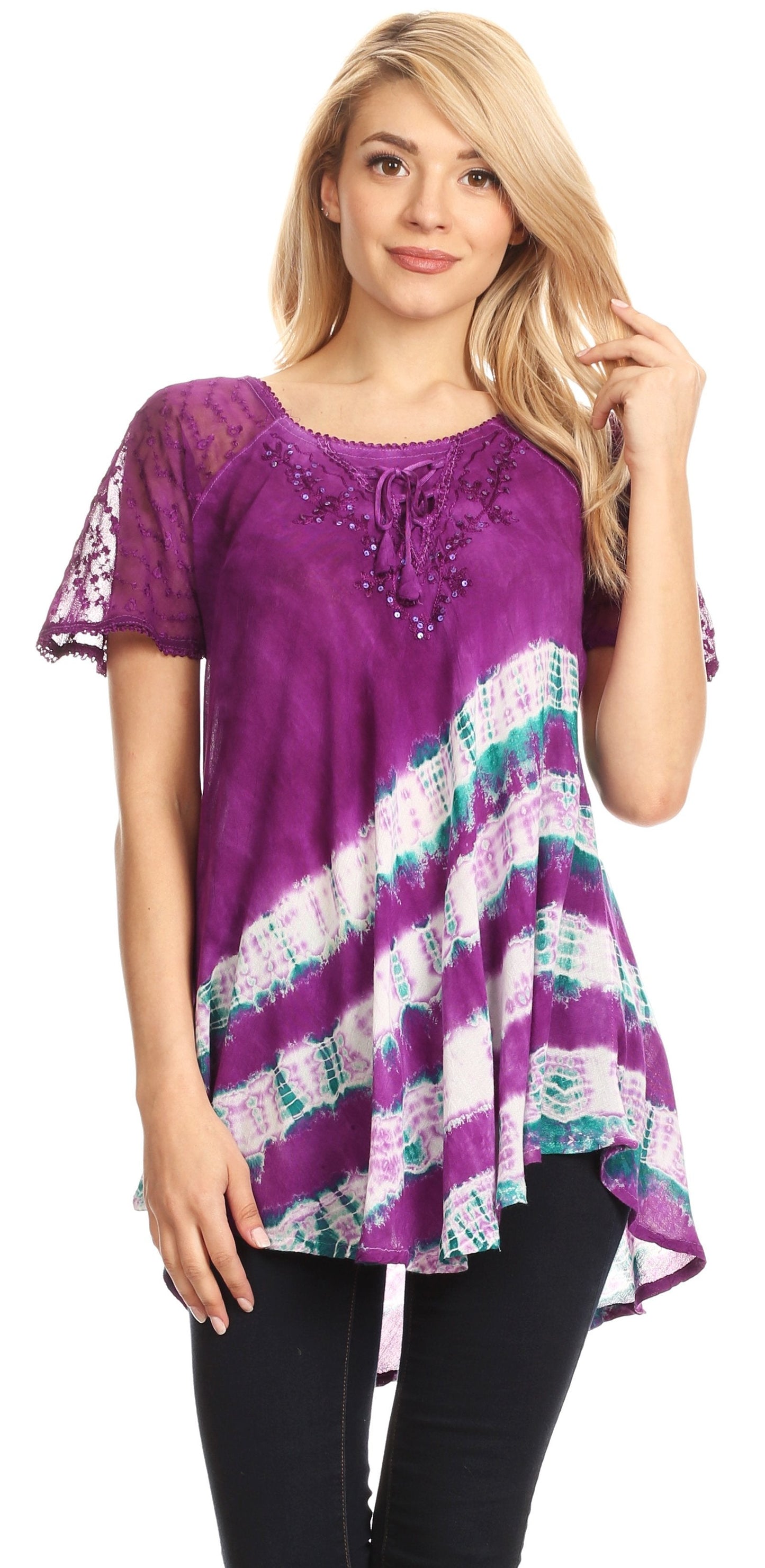 Sakkas Lulu Short Sleeve Summer Casual Fresh Blouse Top Lace Tie-dye & Corset - Concordia Style Boutique