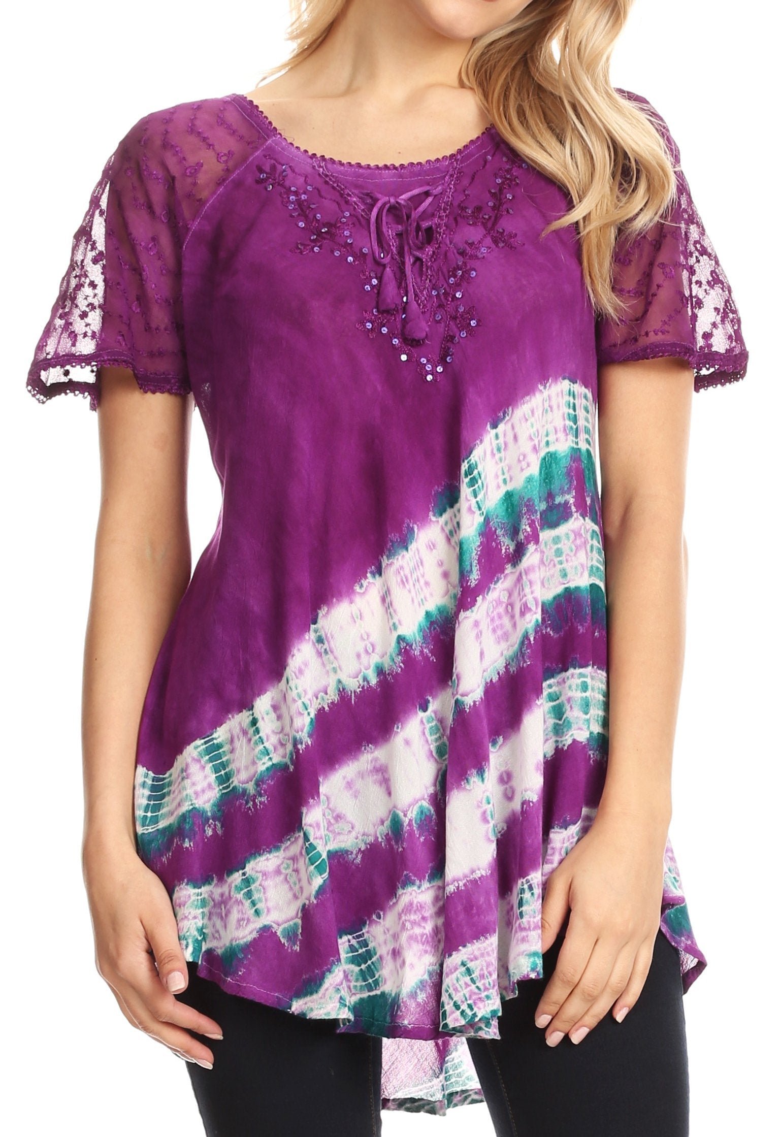 Sakkas Lulu Short Sleeve Summer Casual Fresh Blouse Top Lace Tie-dye & Corset - Concordia Style Boutique