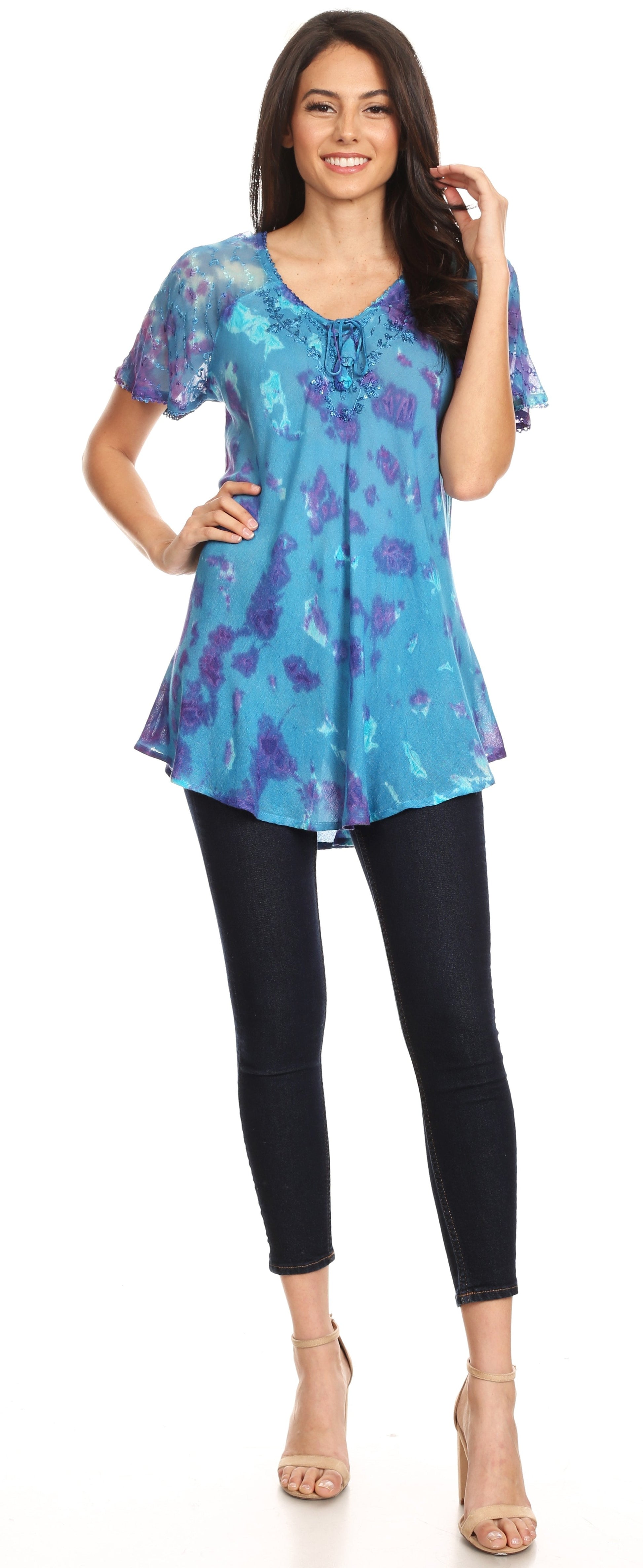 Sakkas Allegra Women's Short Sleeve Loose Fit Casual Tie Dye Blouse Tunic Shirt - Concordia Style Boutique