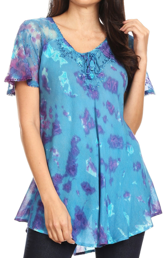 Sakkas Allegra Women's Short Sleeve Loose Fit Casual Tie Dye Blouse Tunic Shirt - Concordia Style Boutique