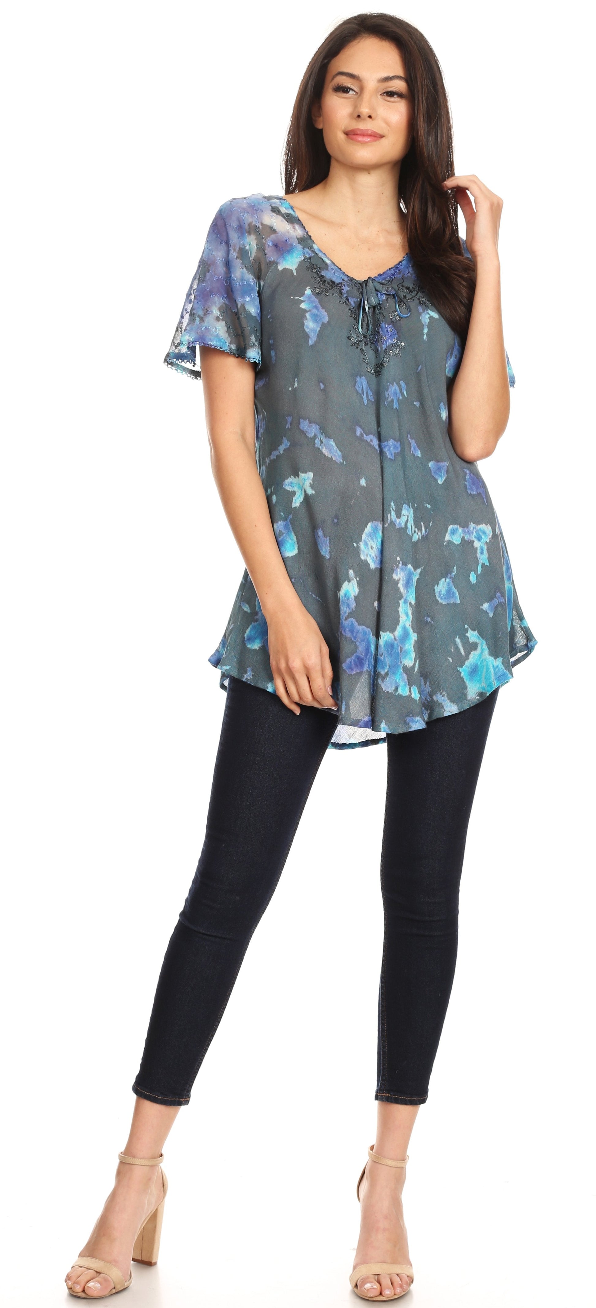 Sakkas Allegra Women's Short Sleeve Loose Fit Casual Tie Dye Blouse Tunic Shirt - Concordia Style Boutique