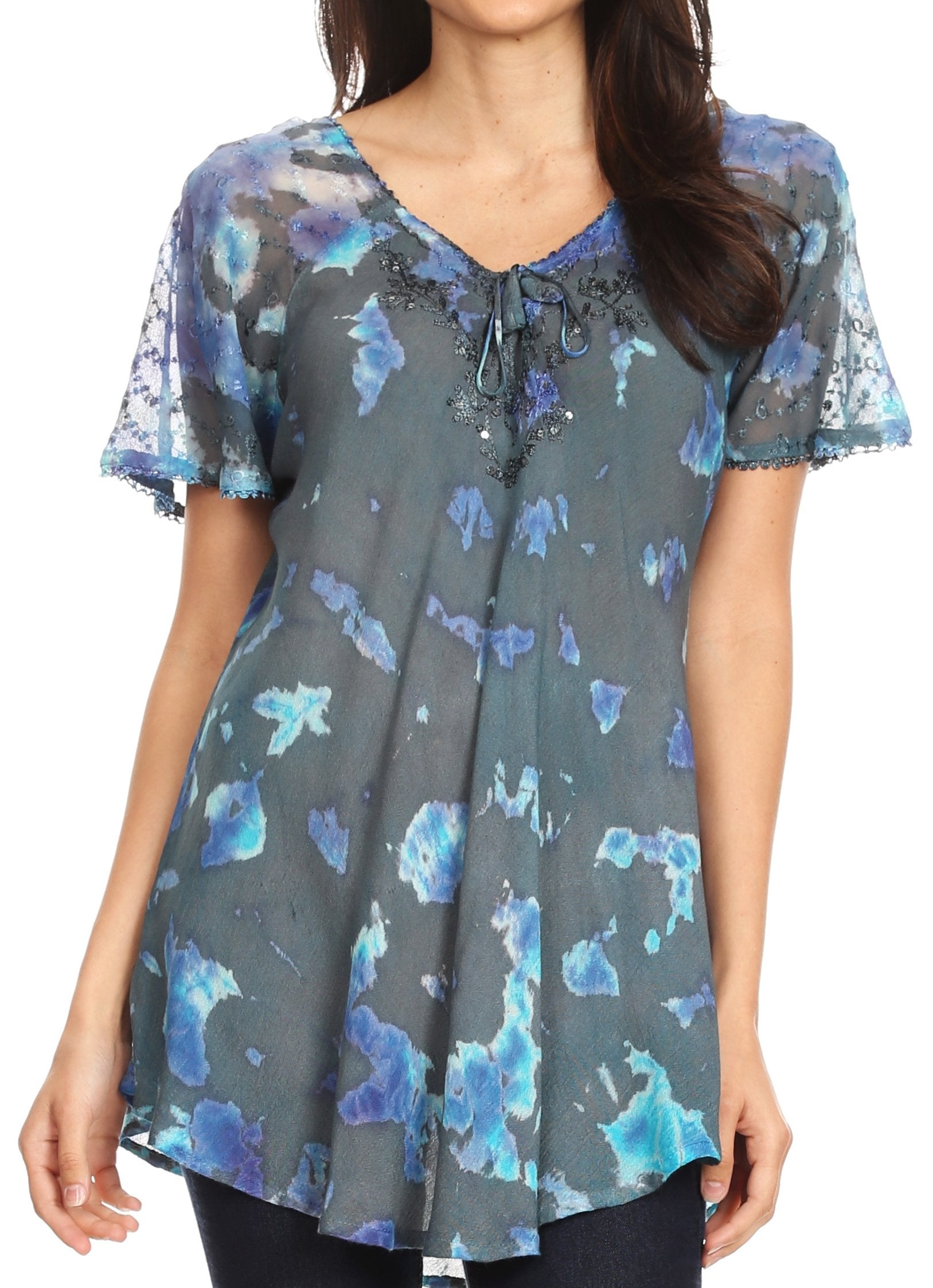 Sakkas Allegra Women's Short Sleeve Loose Fit Casual Tie Dye Blouse Tunic Shirt - Concordia Style Boutique