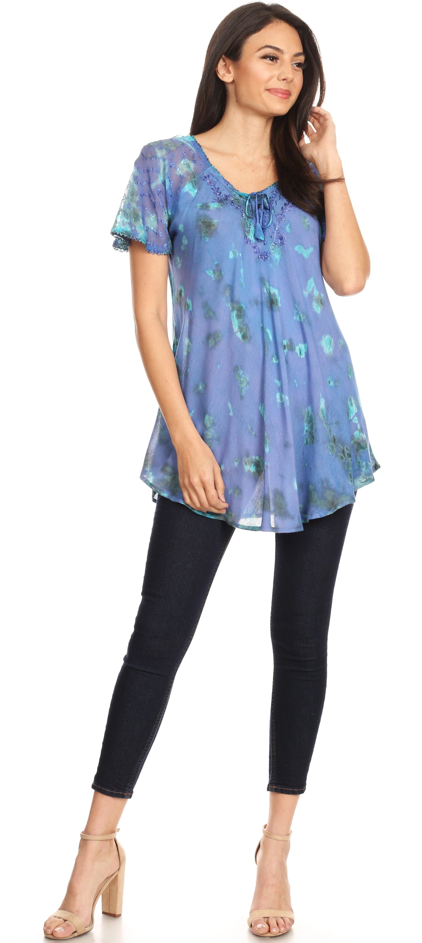Sakkas Allegra Women's Short Sleeve Loose Fit Casual Tie Dye Blouse Tunic Shirt - Concordia Style Boutique