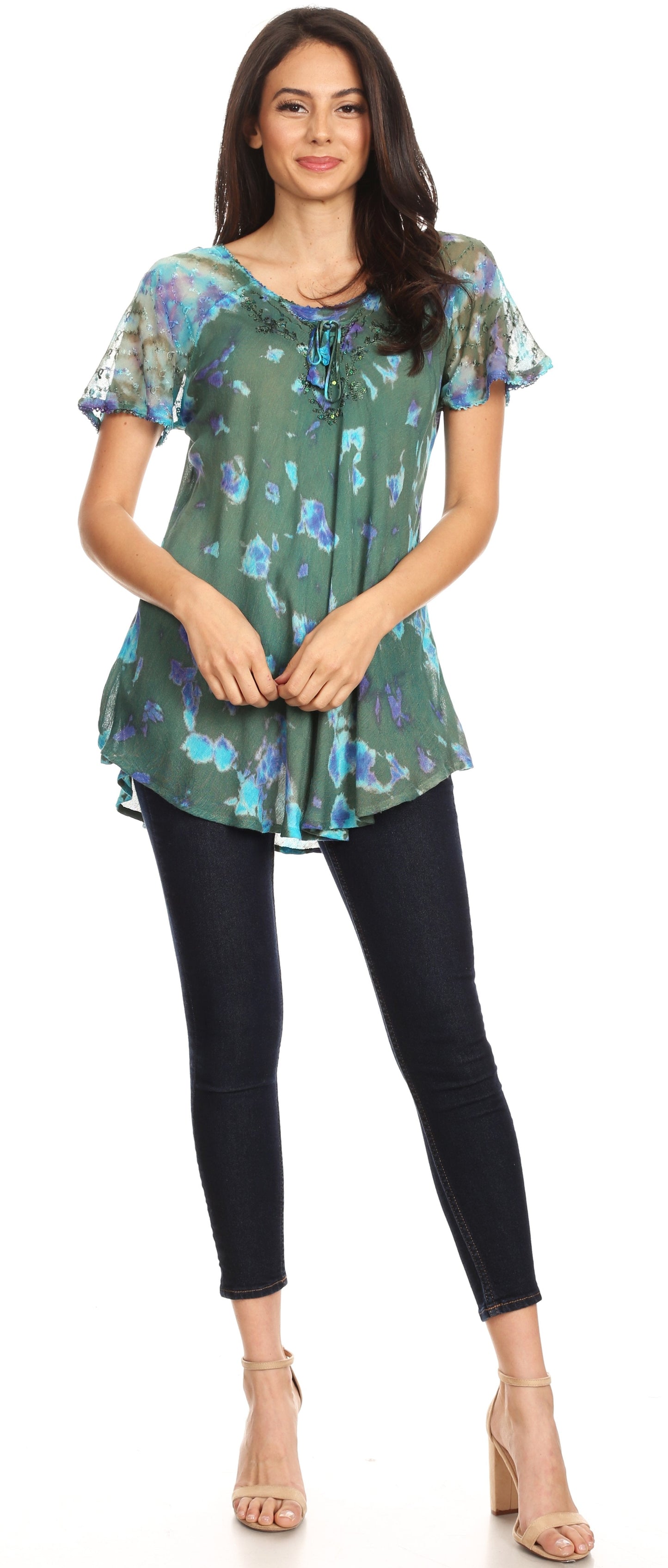 Sakkas Allegra Women's Short Sleeve Loose Fit Casual Tie Dye Blouse Tunic Shirt - Concordia Style Boutique