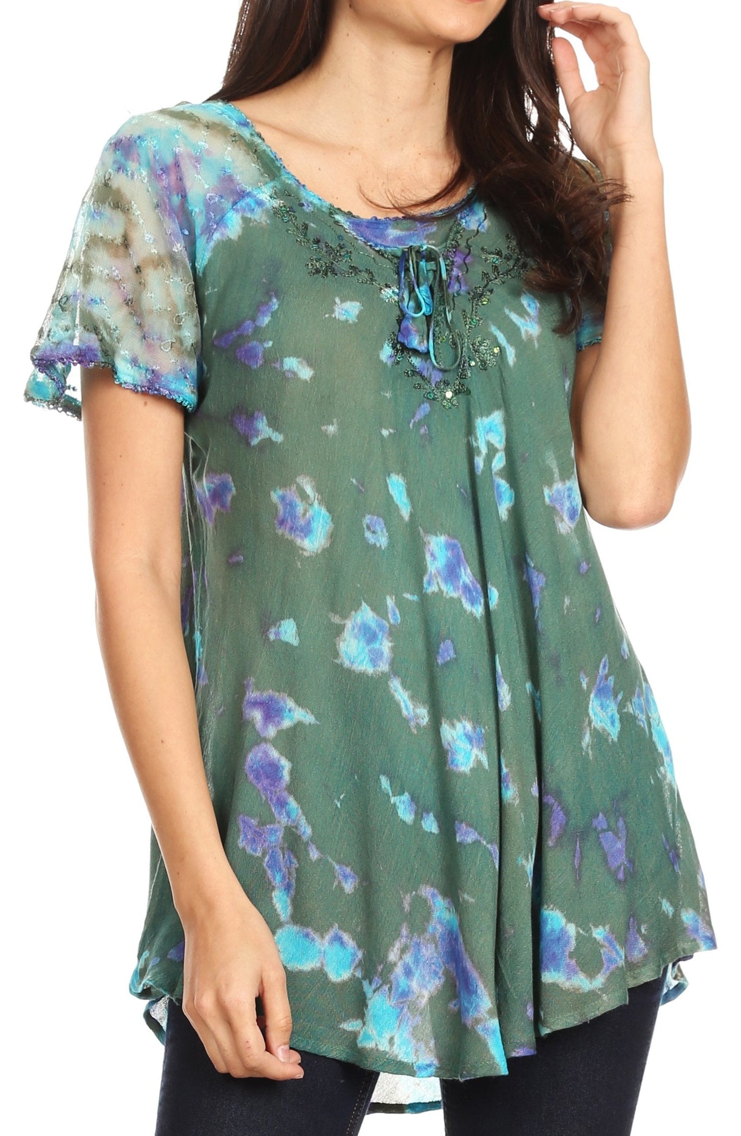 Sakkas Allegra Women's Short Sleeve Loose Fit Casual Tie Dye Blouse Tunic Shirt - Concordia Style Boutique