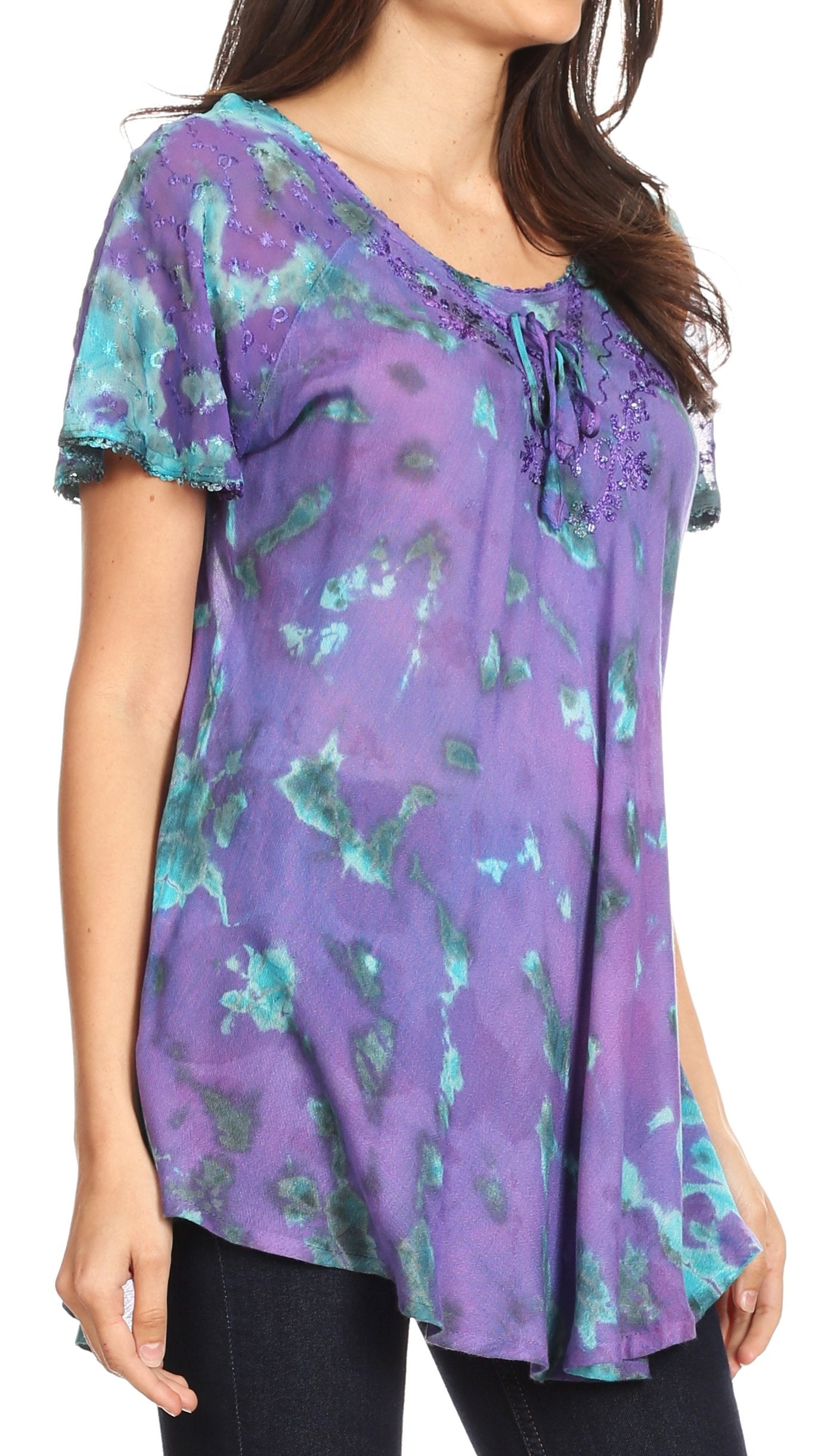 Sakkas Allegra Women's Short Sleeve Loose Fit Casual Tie Dye Blouse Tunic Shirt - Concordia Style Boutique