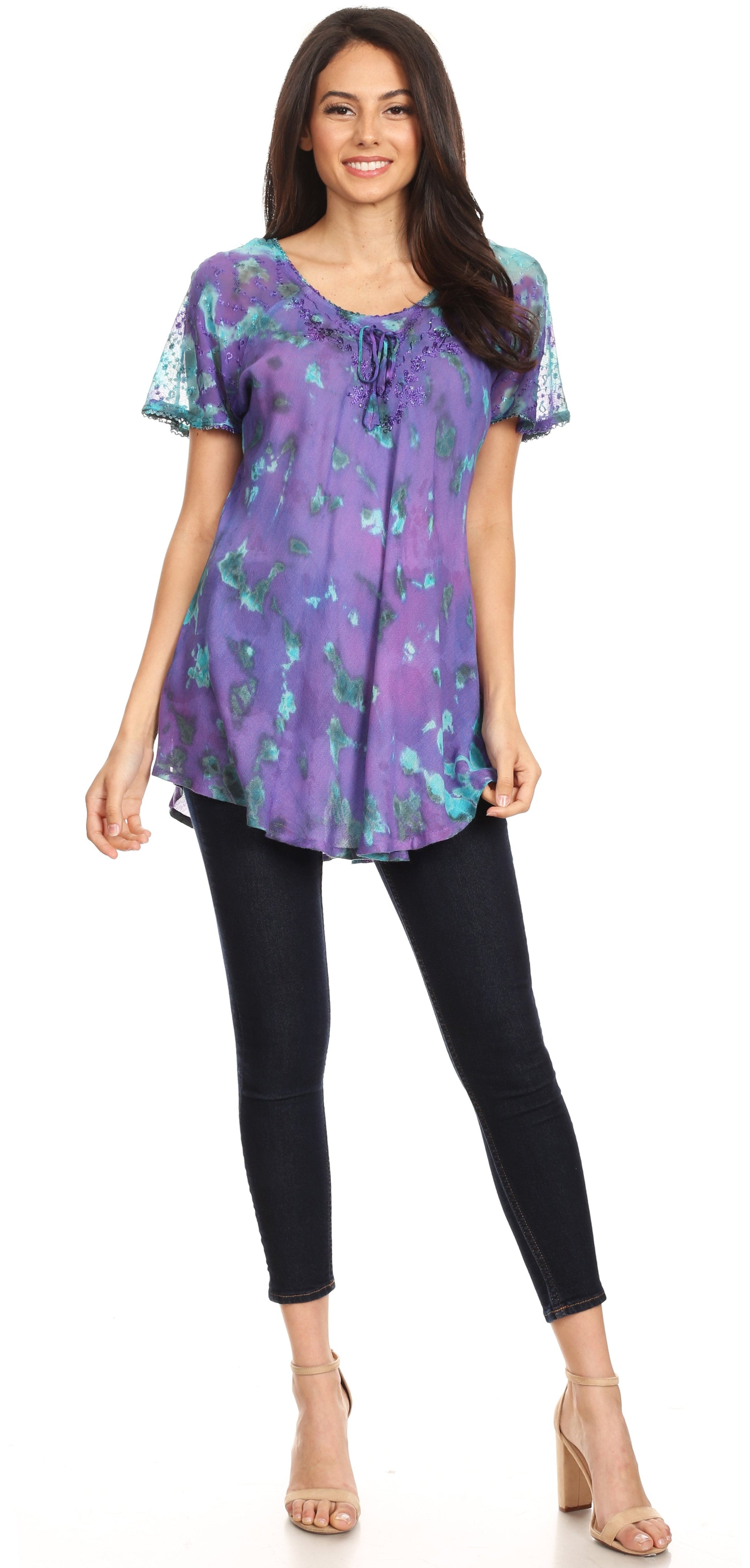 Sakkas Allegra Women's Short Sleeve Loose Fit Casual Tie Dye Blouse Tunic Shirt - Concordia Style Boutique