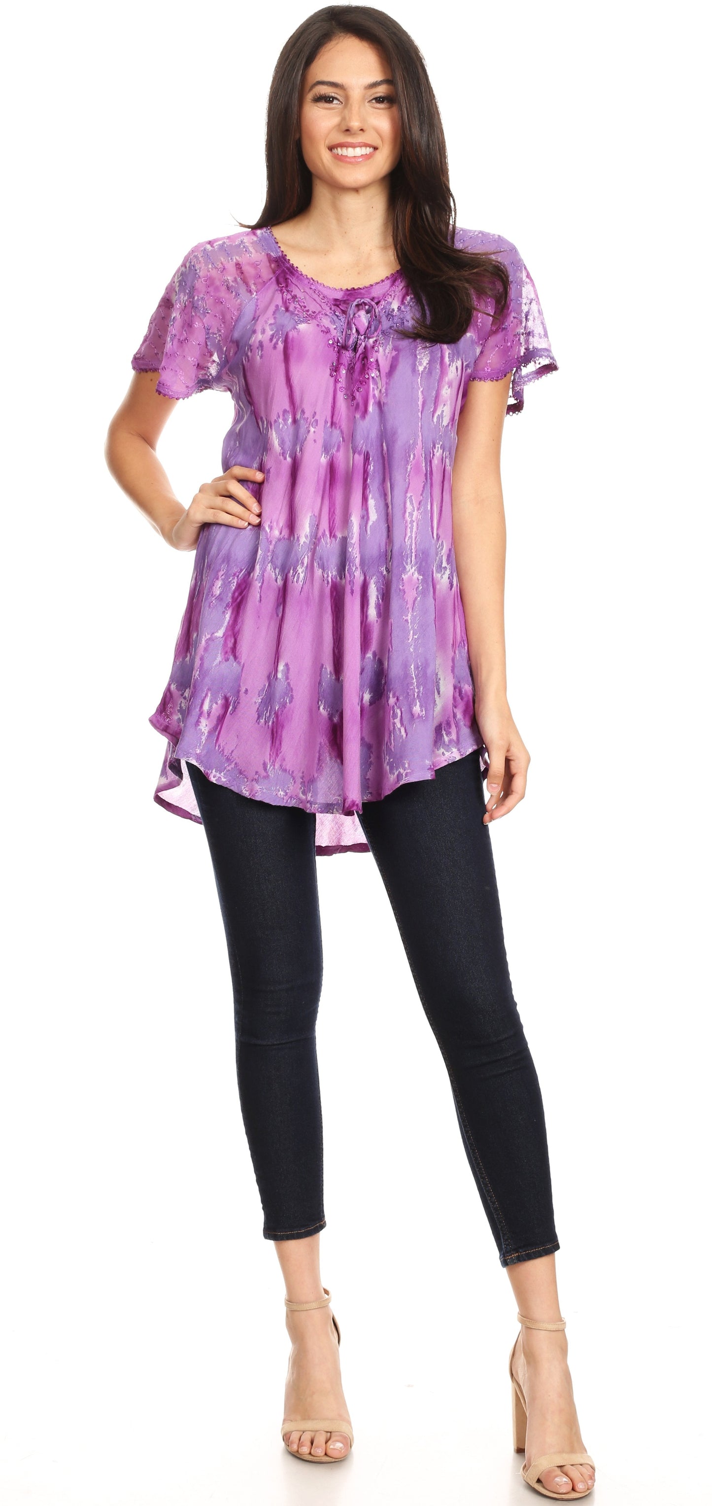 Sakkas Allegra Women's Short Sleeve Loose Fit Casual Tie Dye Blouse Tunic Shirt - Concordia Style Boutique