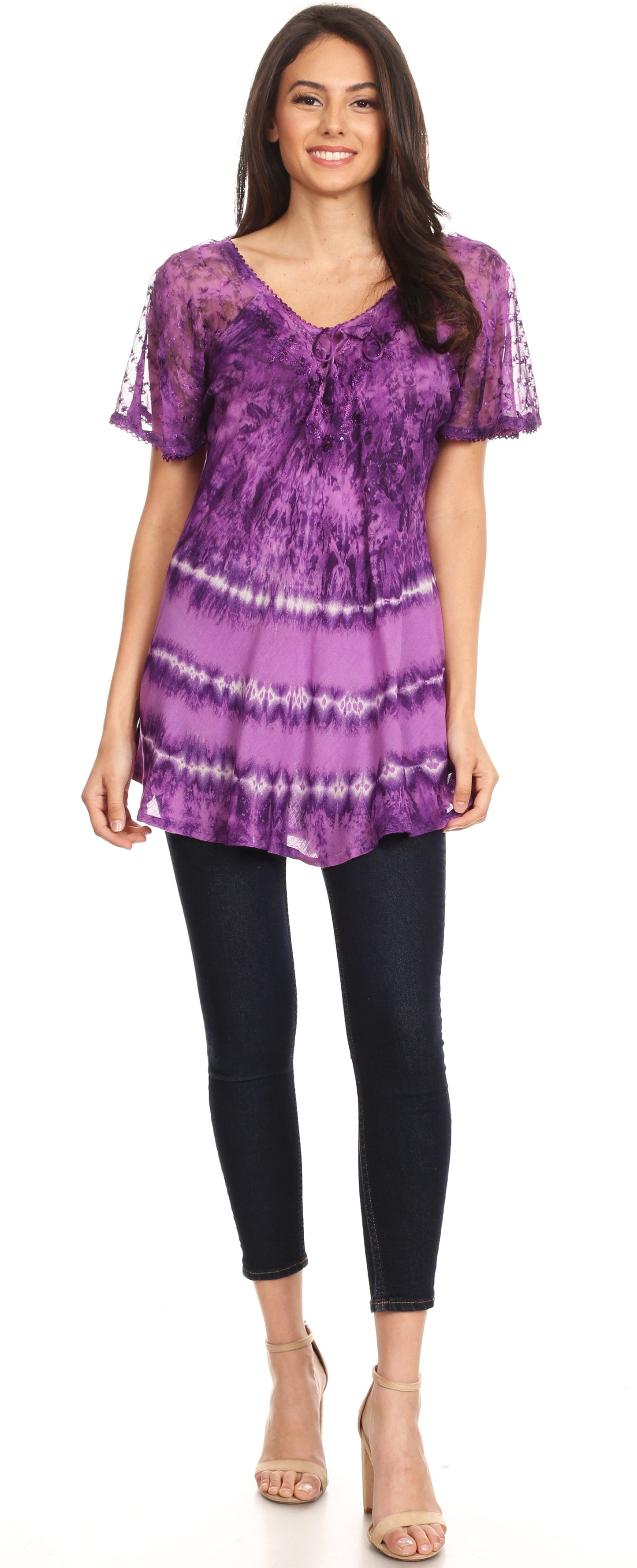 Sakkas Allegra Women's Short Sleeve Loose Fit Casual Tie Dye Blouse Tunic Shirt - Concordia Style Boutique