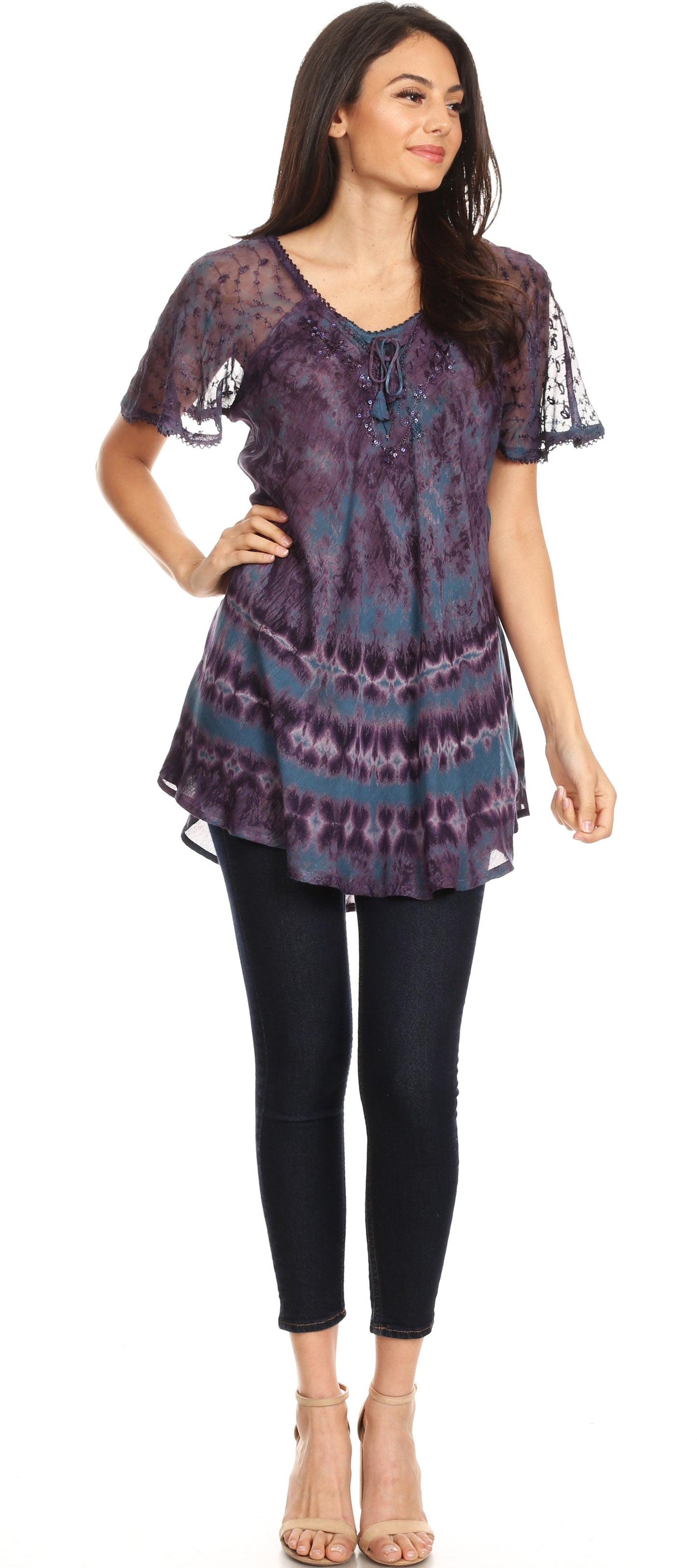 Sakkas Allegra Women's Short Sleeve Loose Fit Casual Tie Dye Blouse Tunic Shirt - Concordia Style Boutique