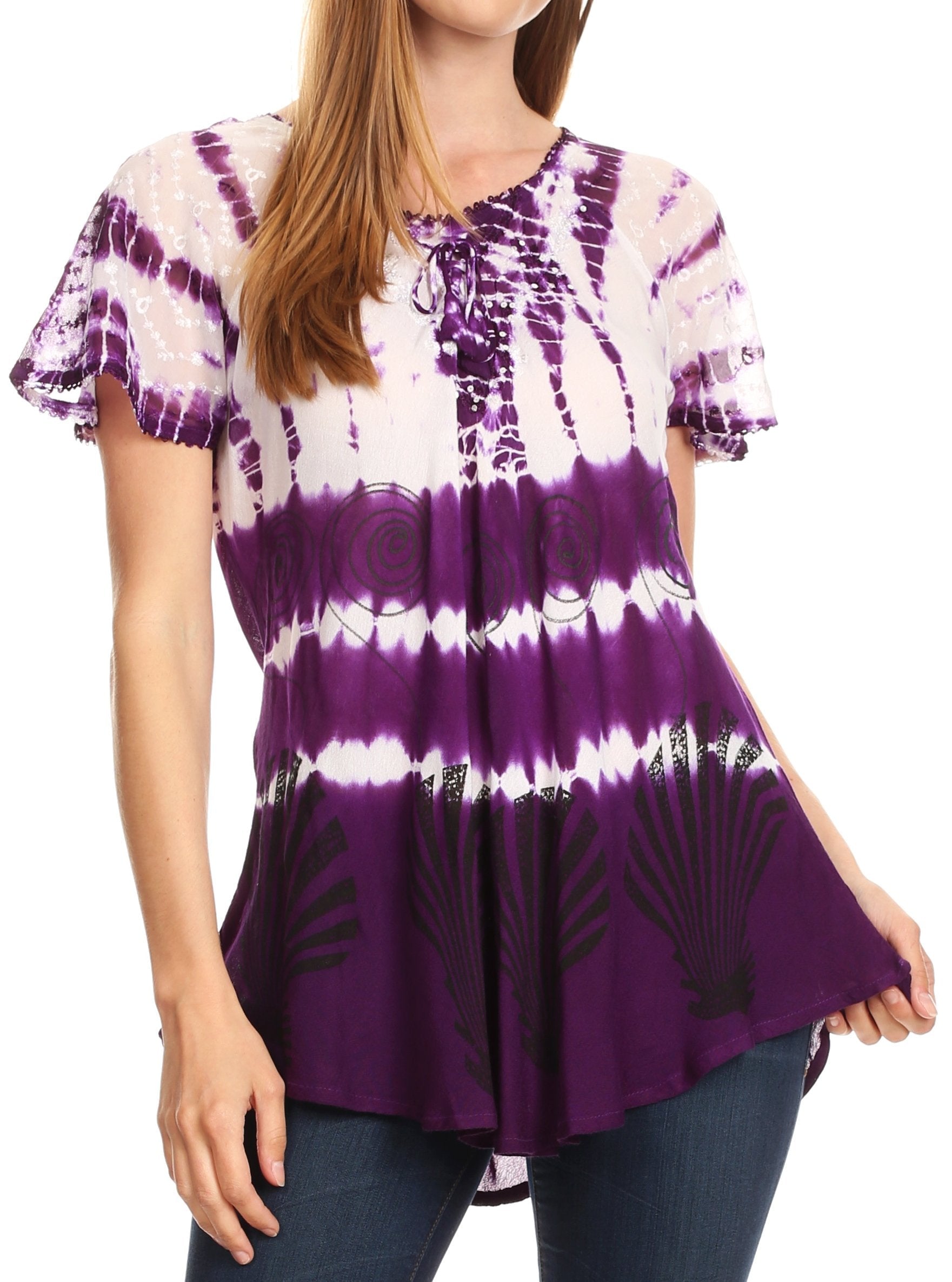 Sakkas Allegra Women's Short Sleeve Loose Fit Casual Tie Dye Blouse Tunic Shirt - Concordia Style Boutique
