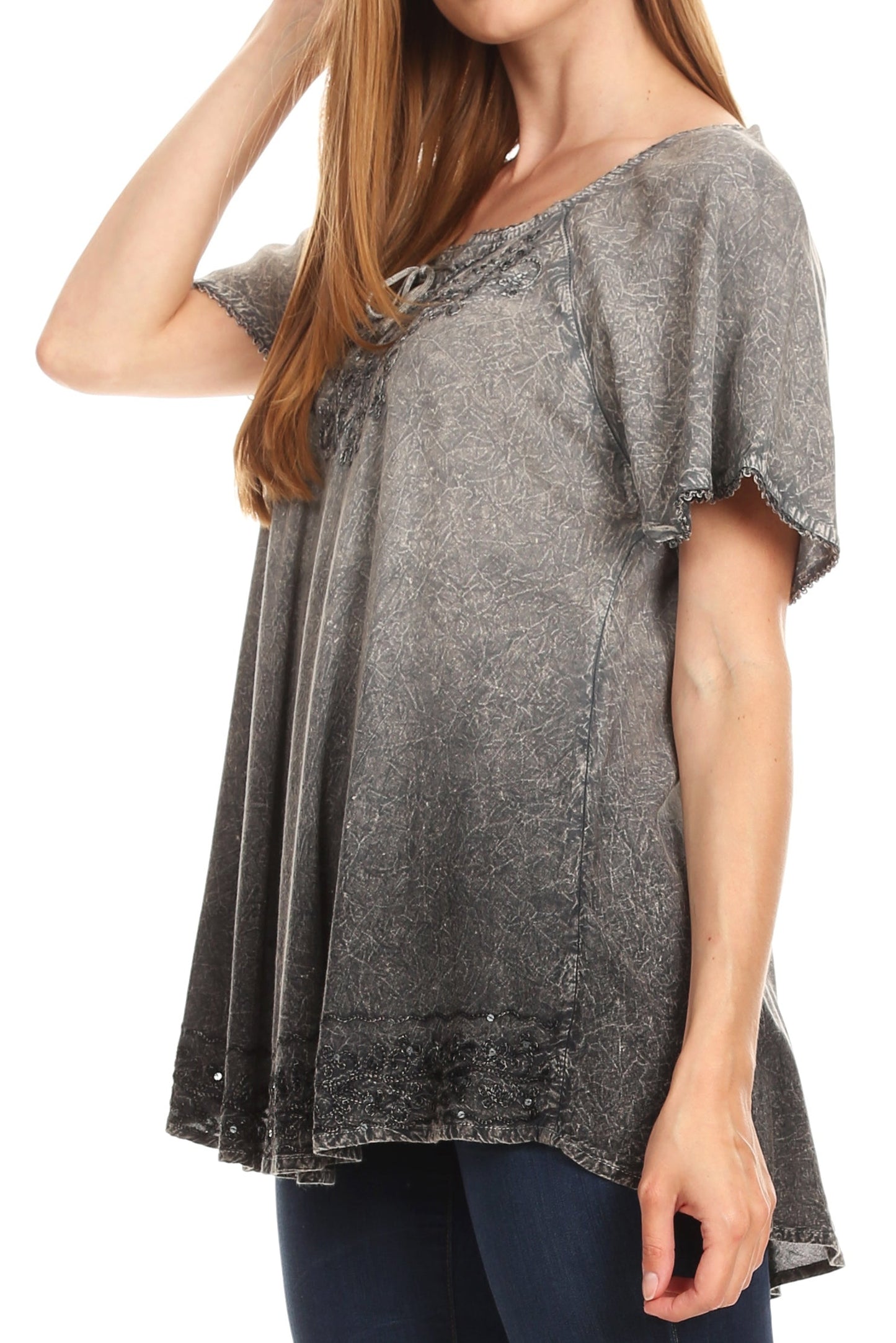 Sakkas Donna Women's Casual Lace Short Sleeve Tie Dye Corset Loose Top Blouse - Concordia Style Boutique