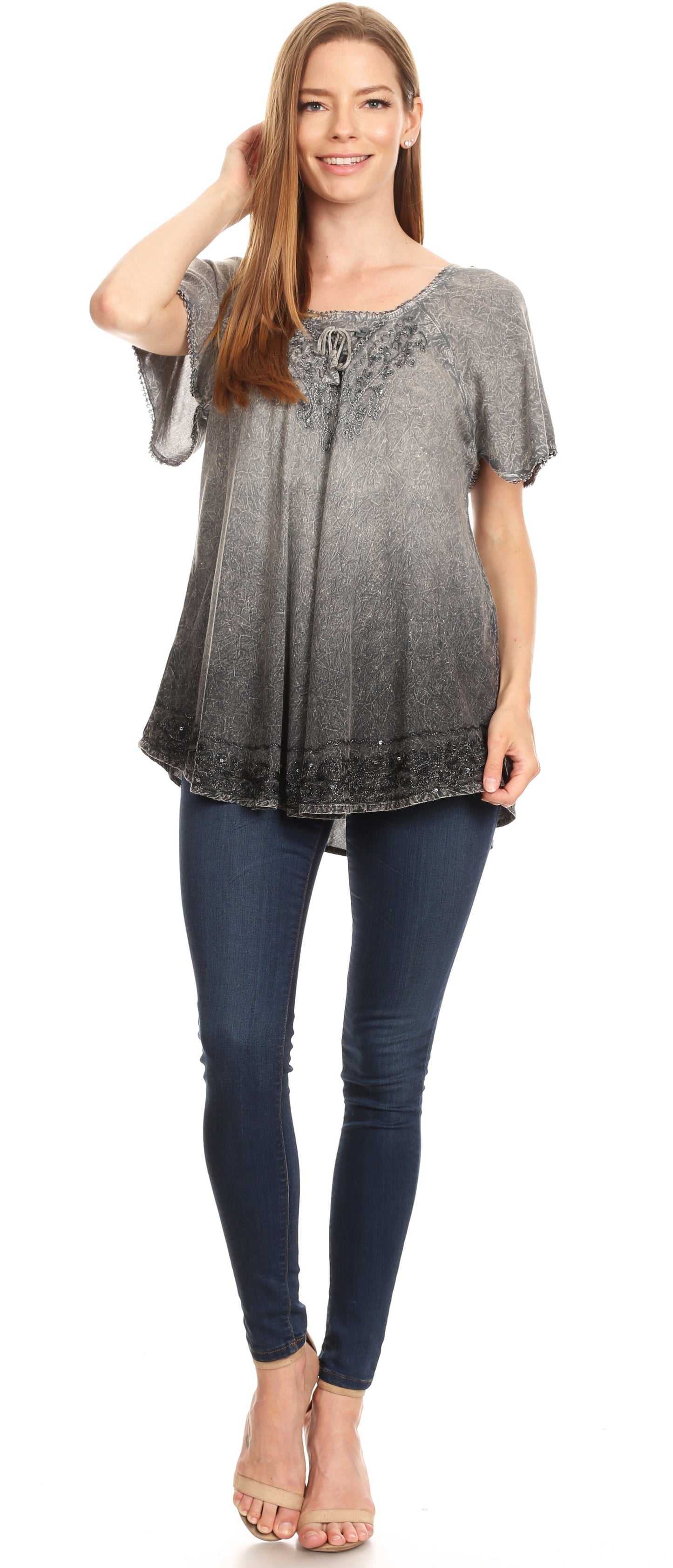 Sakkas Donna Women's Casual Lace Short Sleeve Tie Dye Corset Loose Top Blouse - Concordia Style Boutique