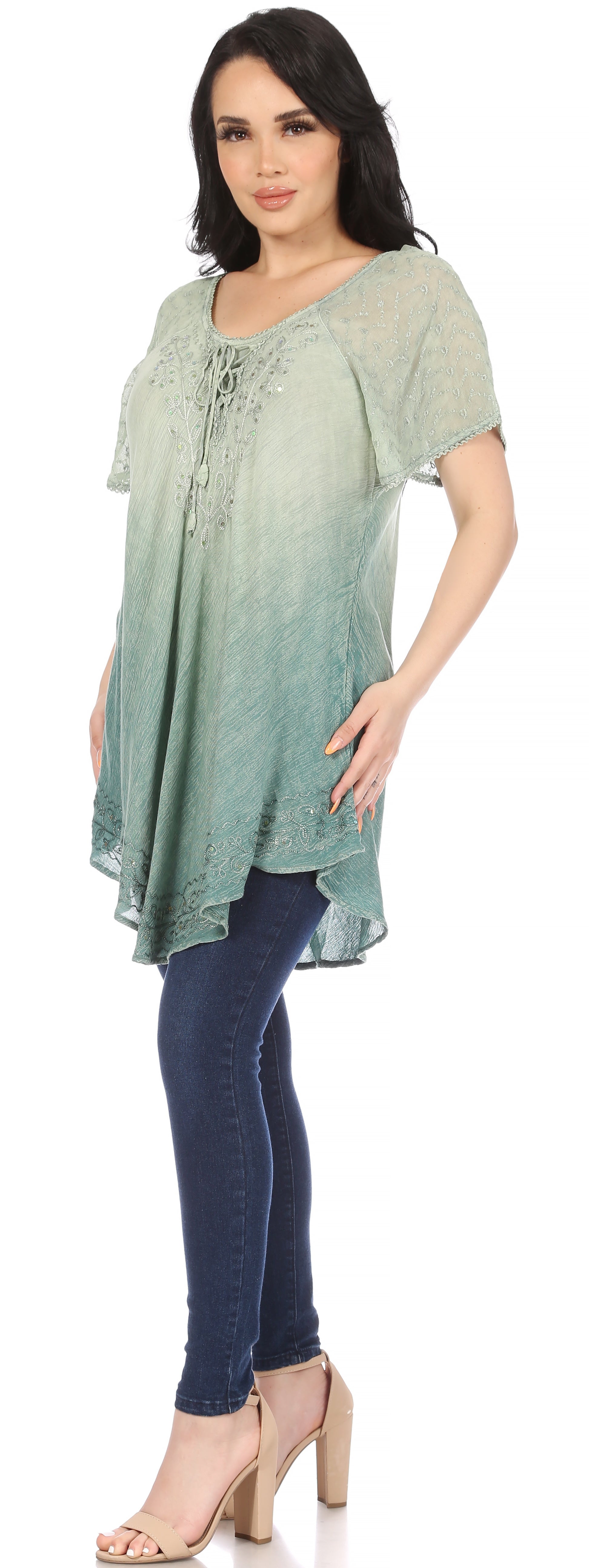 Sakkas Donna Women's Casual Lace Short Sleeve Tie Dye Corset Loose Top Blouse - Concordia Style Boutique