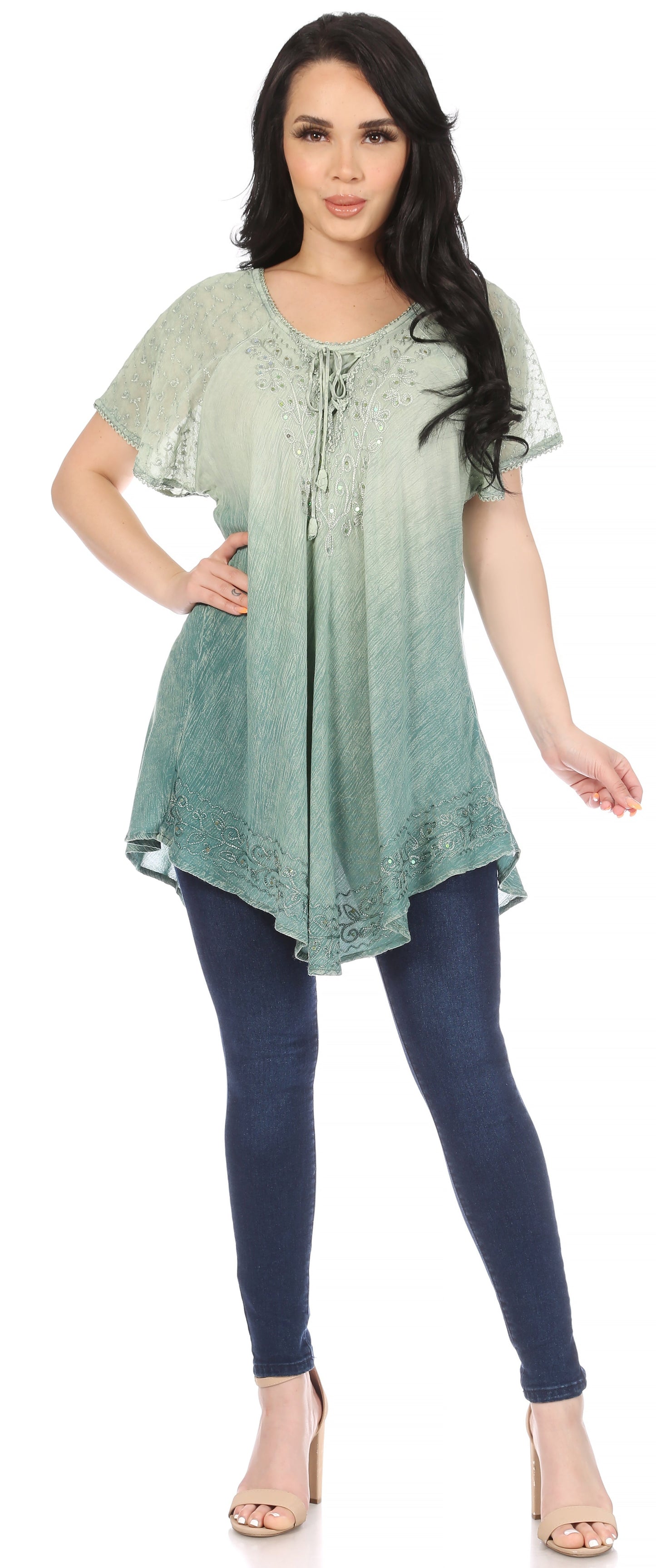 Sakkas Donna Women's Casual Lace Short Sleeve Tie Dye Corset Loose Top Blouse - Concordia Style Boutique