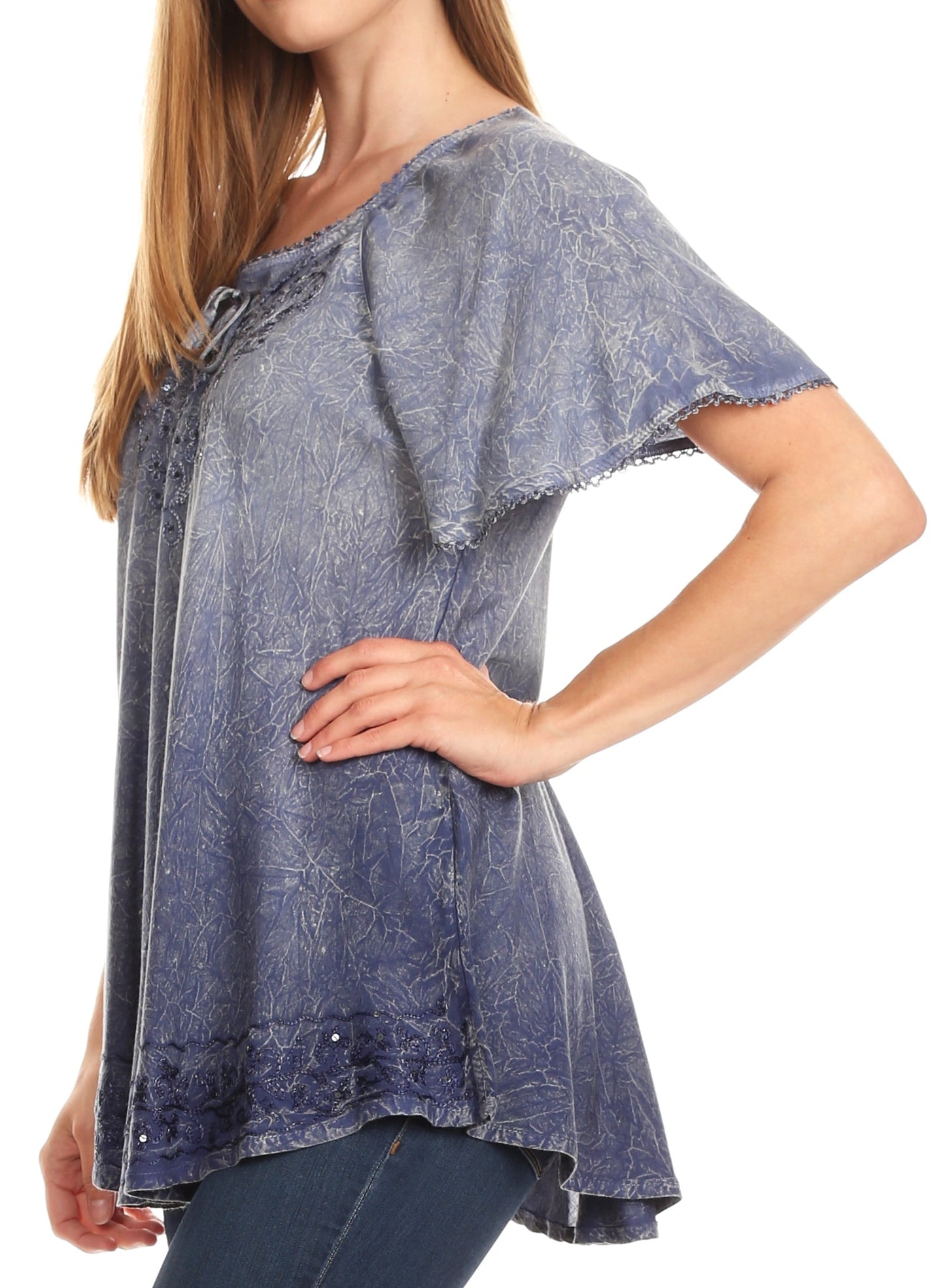 Sakkas Donna Women's Casual Lace Short Sleeve Tie Dye Corset Loose Top Blouse - Concordia Style Boutique