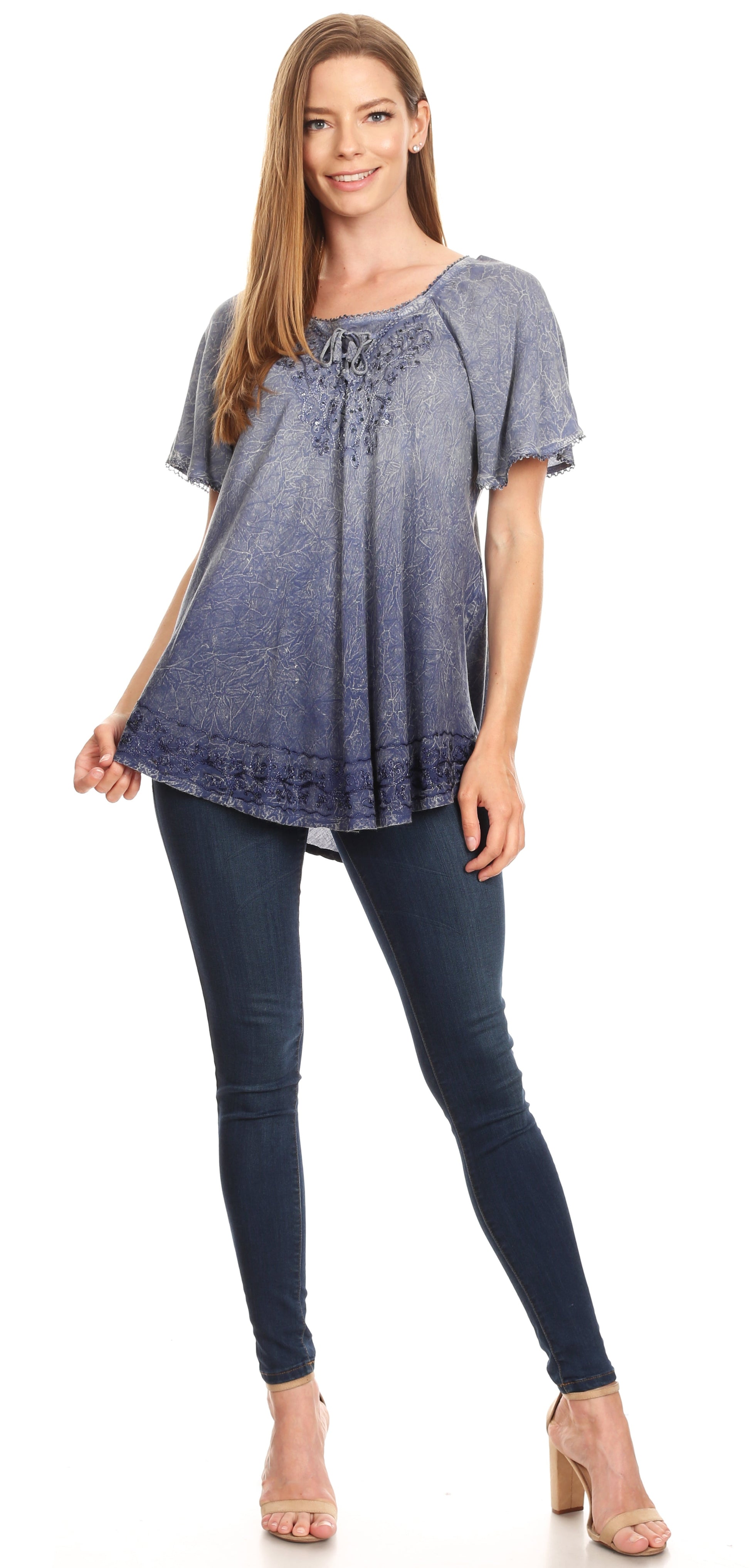 Sakkas Donna Women's Casual Lace Short Sleeve Tie Dye Corset Loose Top Blouse - Concordia Style Boutique