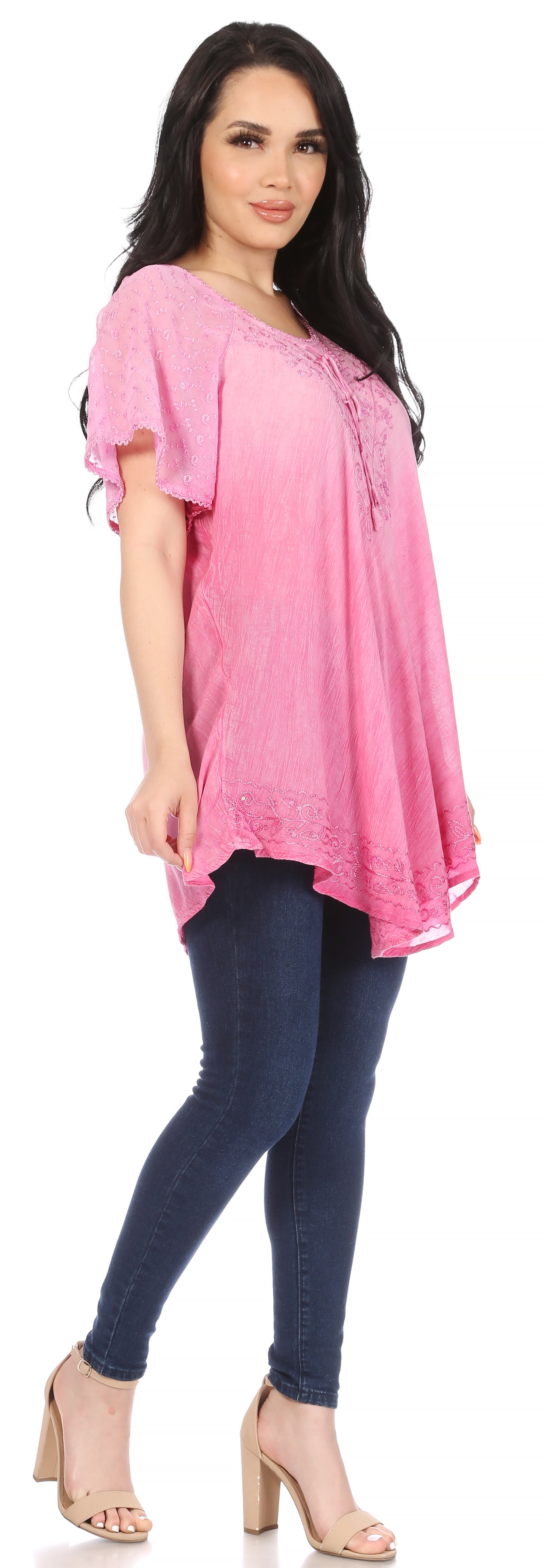 Sakkas Donna Women's Casual Lace Short Sleeve Tie Dye Corset Loose Top Blouse - Concordia Style Boutique