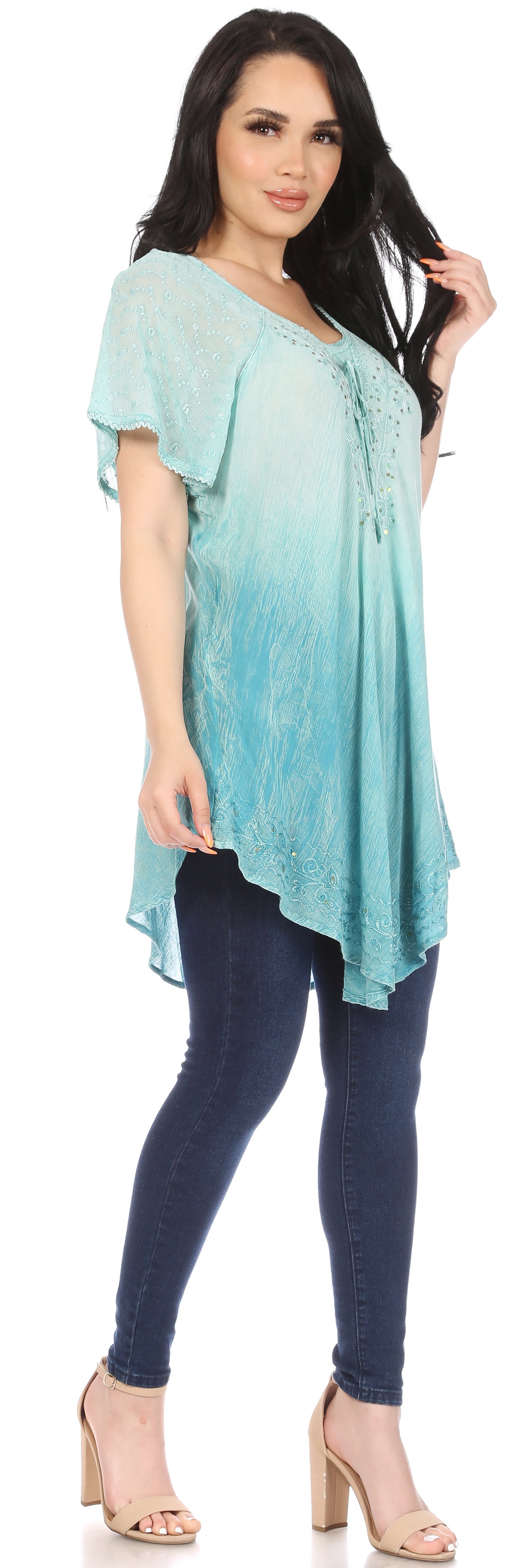 Sakkas Donna Women's Casual Lace Short Sleeve Tie Dye Corset Loose Top Blouse - Concordia Style Boutique