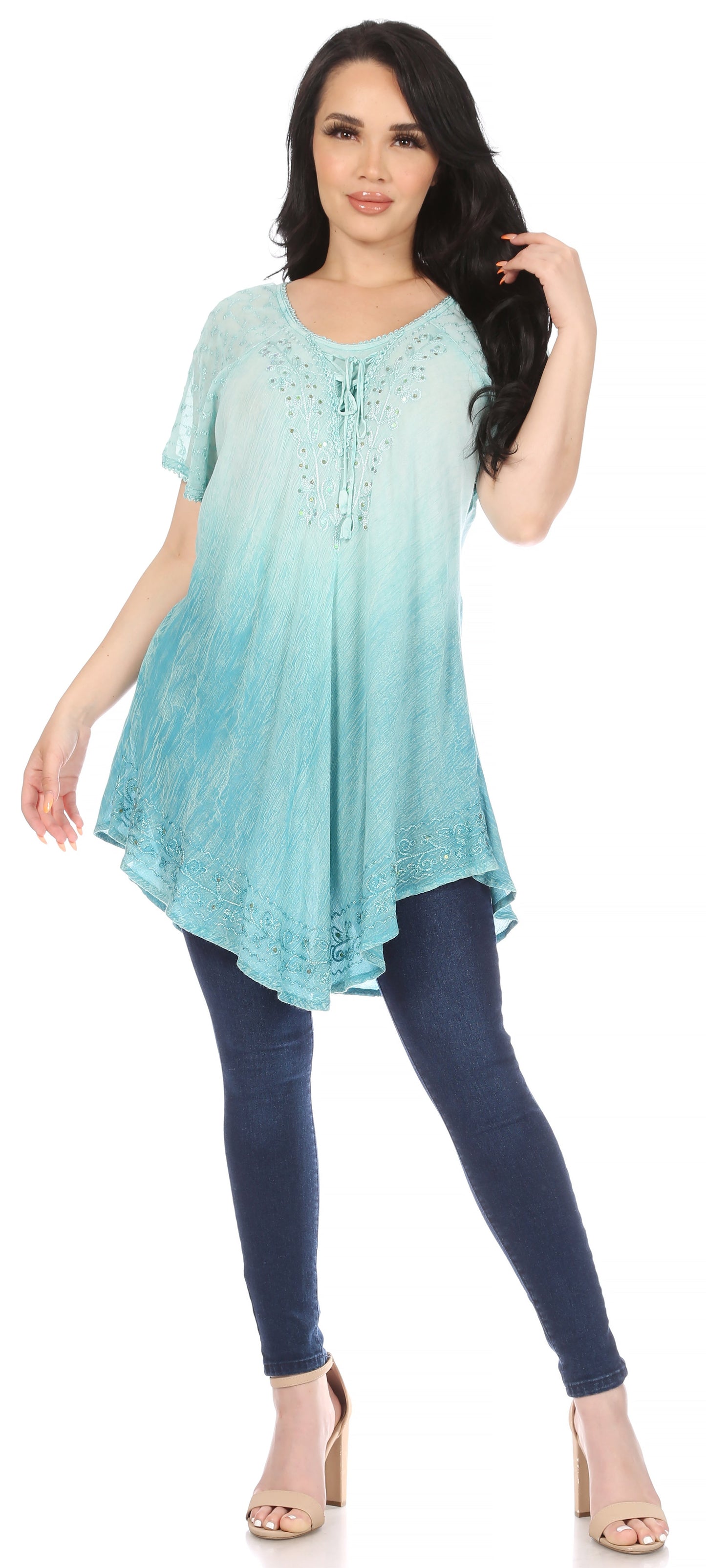 Sakkas Donna Women's Casual Lace Short Sleeve Tie Dye Corset Loose Top Blouse - Concordia Style Boutique