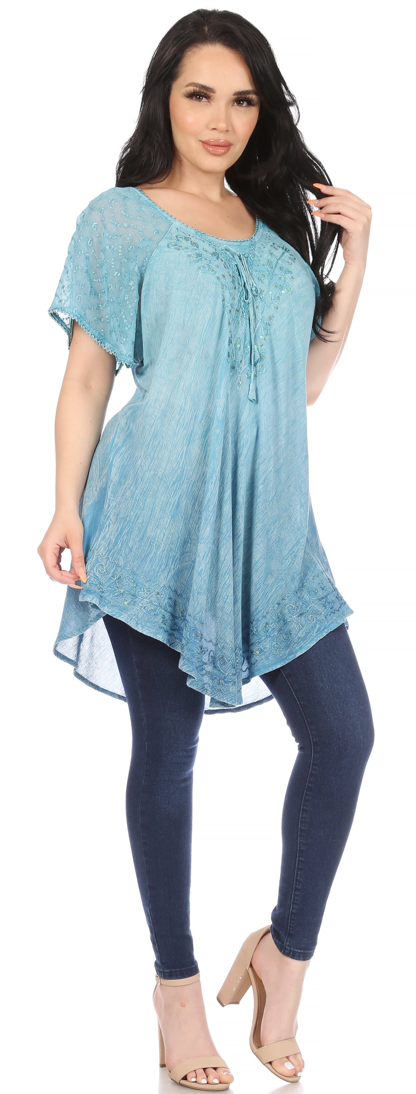 Sakkas Donna Women's Casual Lace Short Sleeve Tie Dye Corset Loose Top Blouse - Concordia Style Boutique