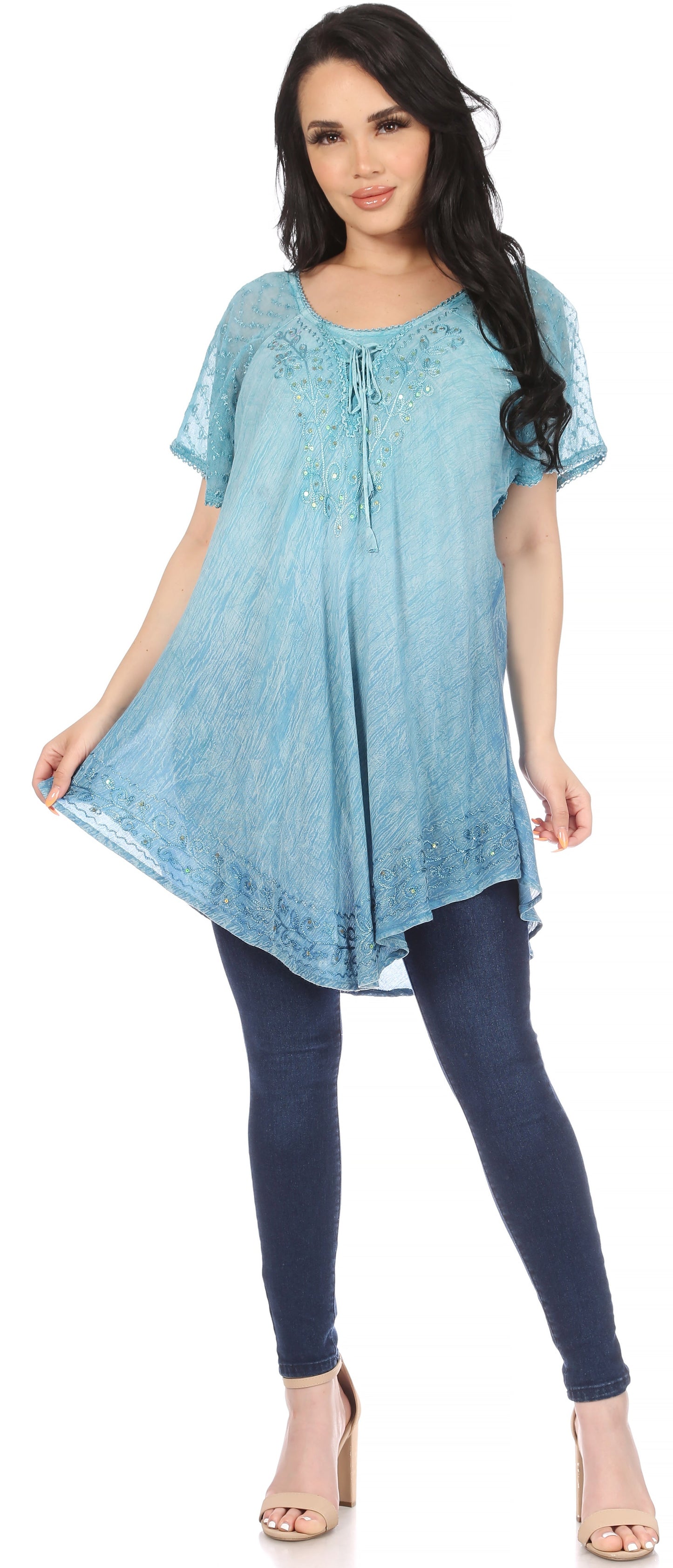 Sakkas Donna Women's Casual Lace Short Sleeve Tie Dye Corset Loose Top Blouse - Concordia Style Boutique