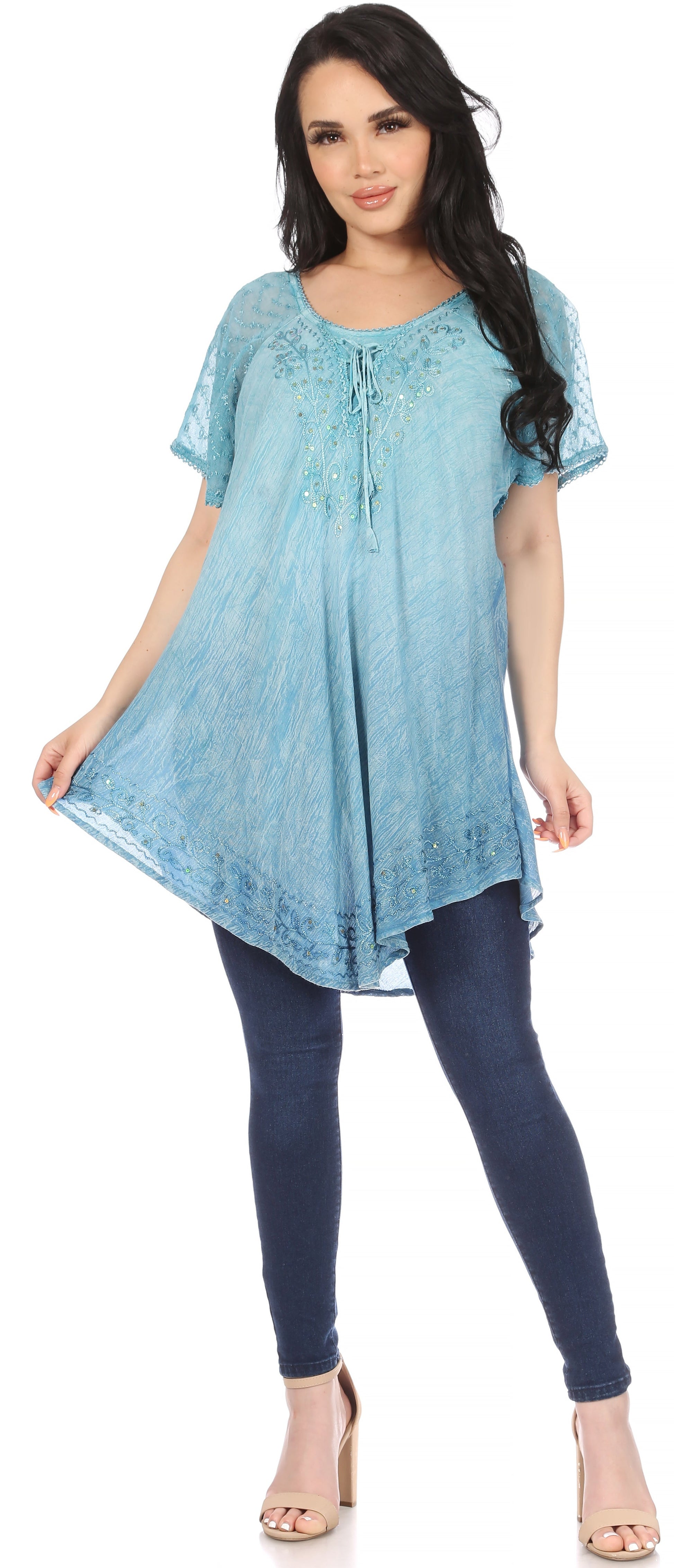 Sakkas Donna Women's Casual Lace Short Sleeve Tie Dye Corset Loose Top Blouse - Concordia Style Boutique