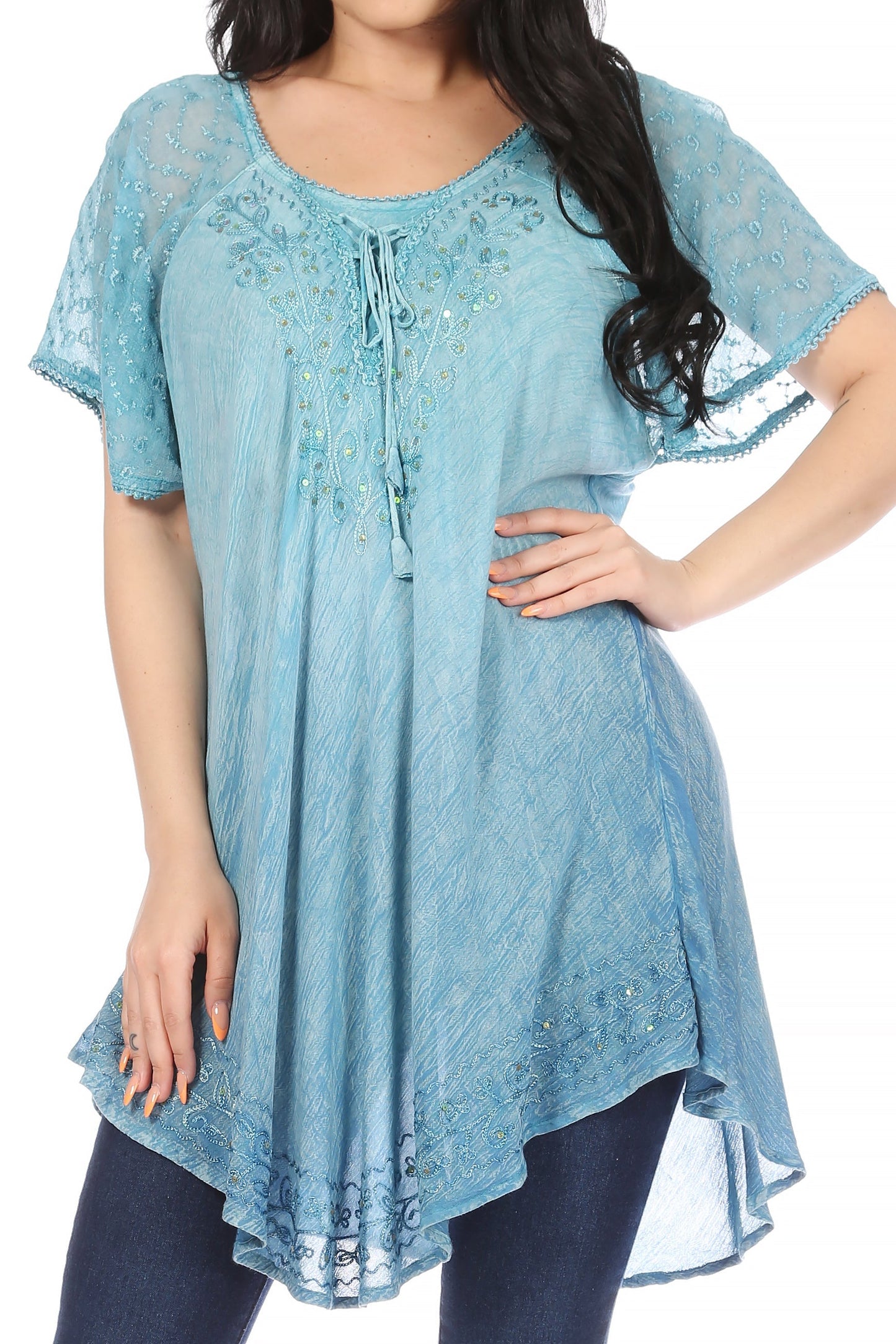 Sakkas Donna Women's Casual Lace Short Sleeve Tie Dye Corset Loose Top Blouse - Concordia Style Boutique