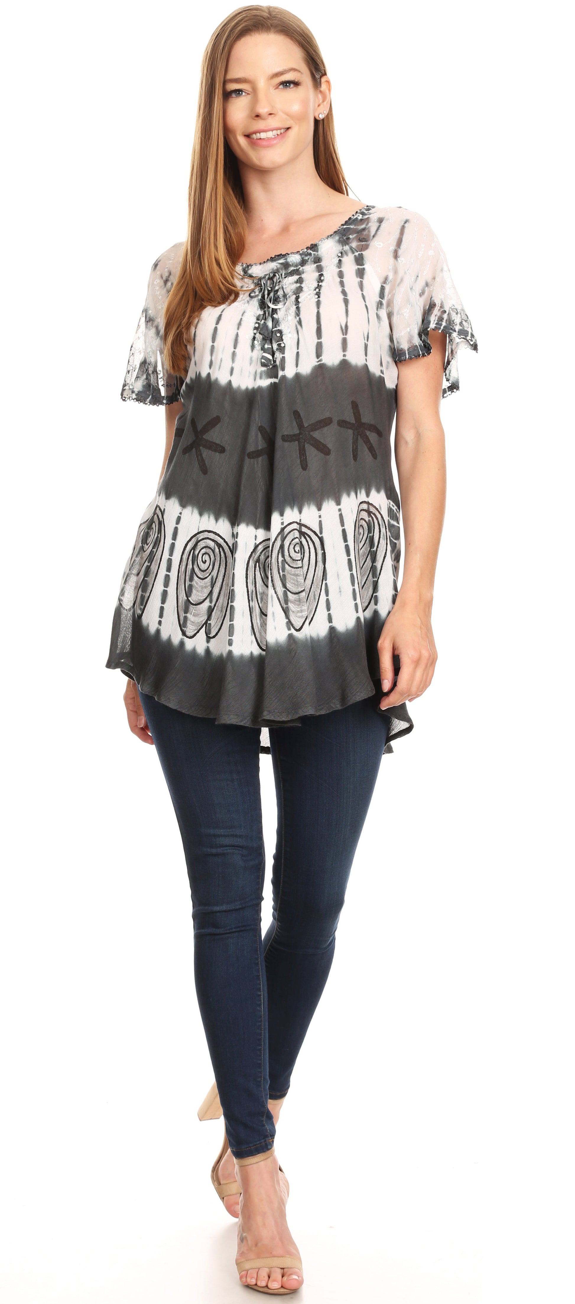 Sakkas Donna Women's Casual Lace Short Sleeve Tie Dye Corset Loose Top Blouse - Concordia Style Boutique