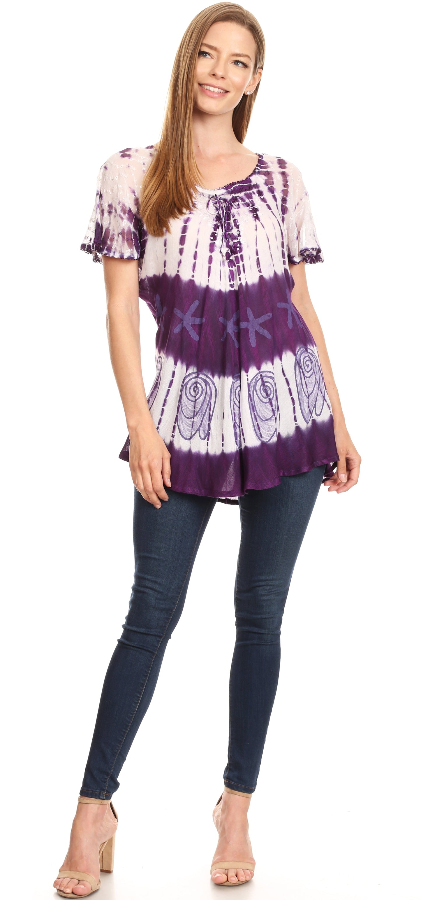 Sakkas Donna Women's Casual Lace Short Sleeve Tie Dye Corset Loose Top Blouse - Concordia Style Boutique