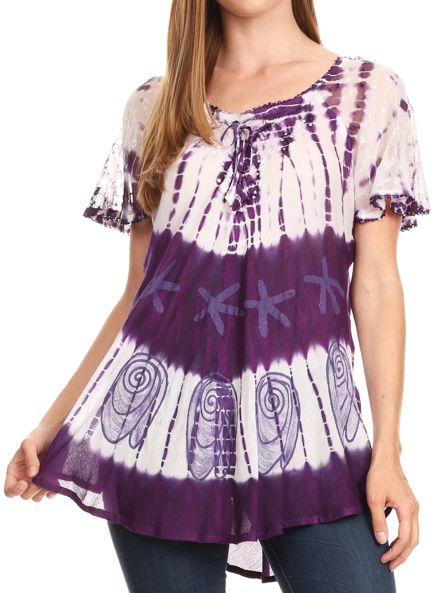 Sakkas Donna Women's Casual Lace Short Sleeve Tie Dye Corset Loose Top Blouse - Concordia Style Boutique