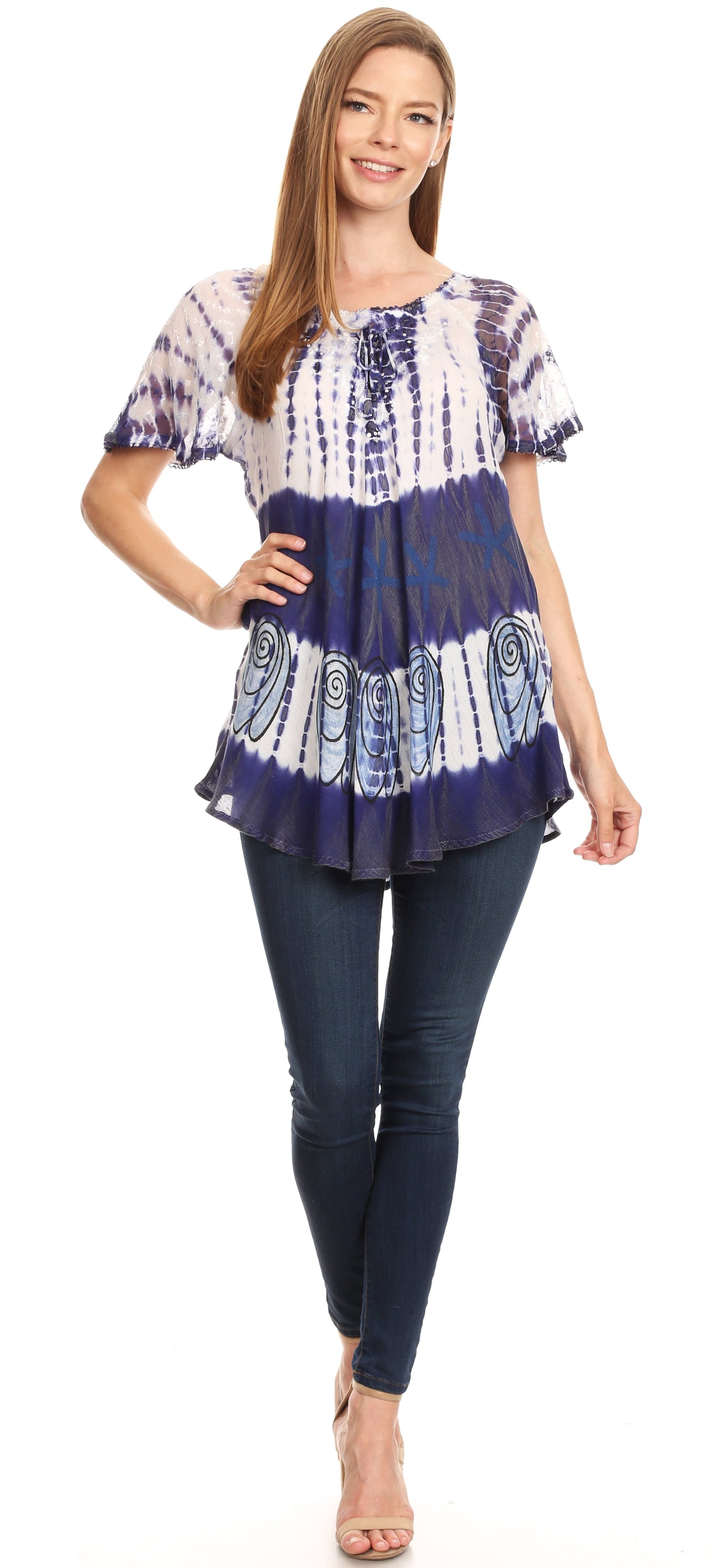 Sakkas Donna Women's Casual Lace Short Sleeve Tie Dye Corset Loose Top Blouse - Concordia Style Boutique