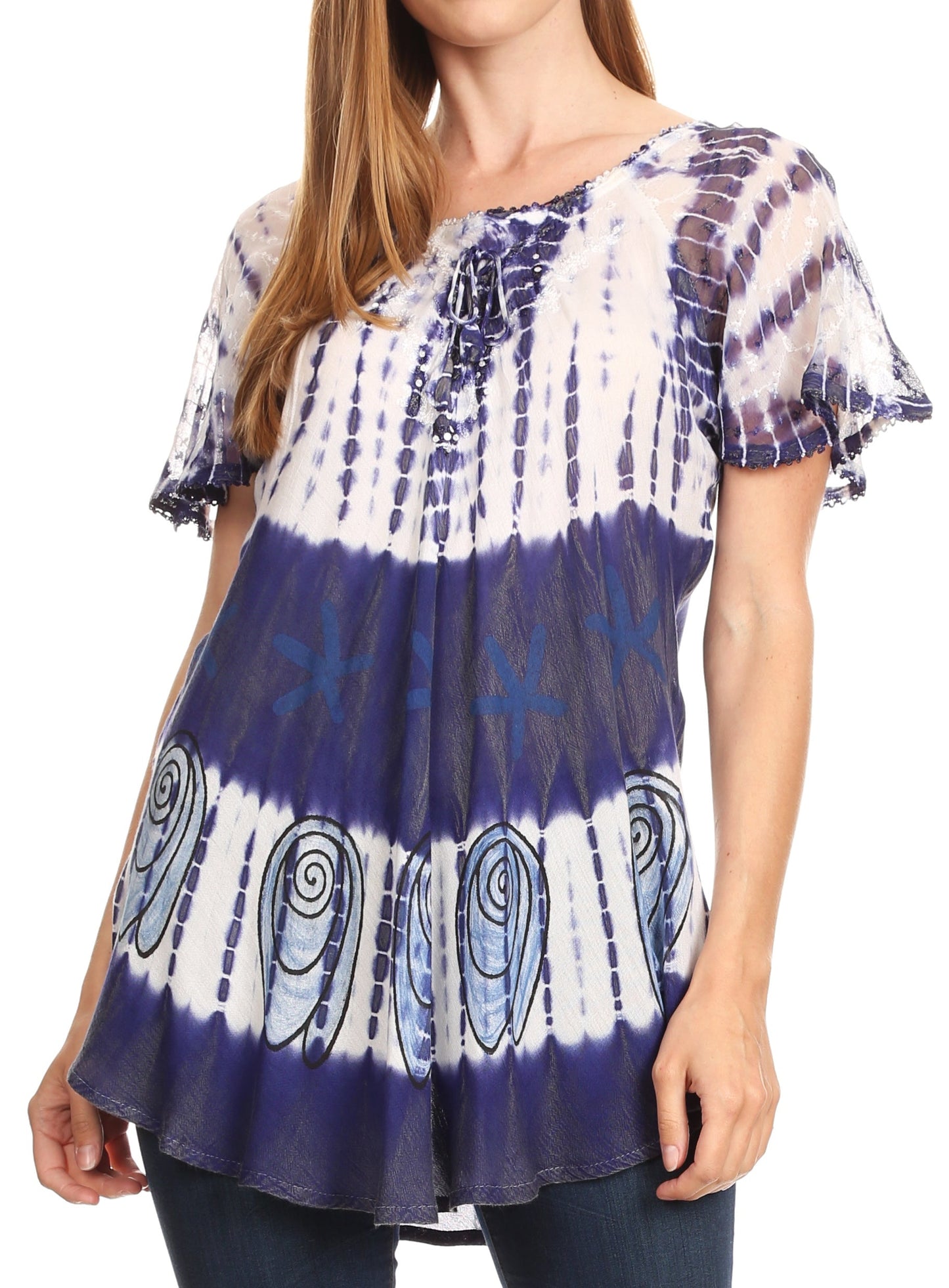 Sakkas Donna Women's Casual Lace Short Sleeve Tie Dye Corset Loose Top Blouse - Concordia Style Boutique