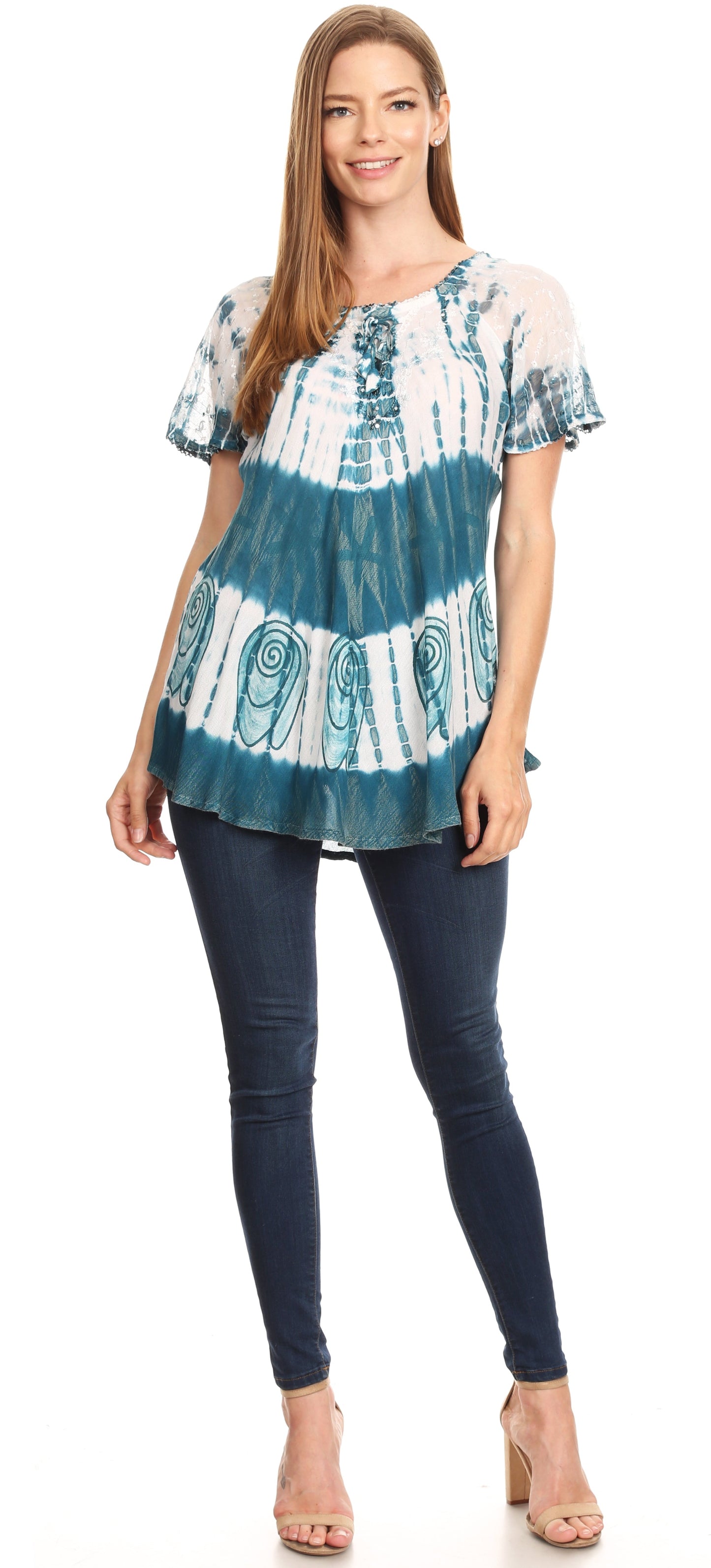 Sakkas Donna Women's Casual Lace Short Sleeve Tie Dye Corset Loose Top Blouse - Concordia Style Boutique