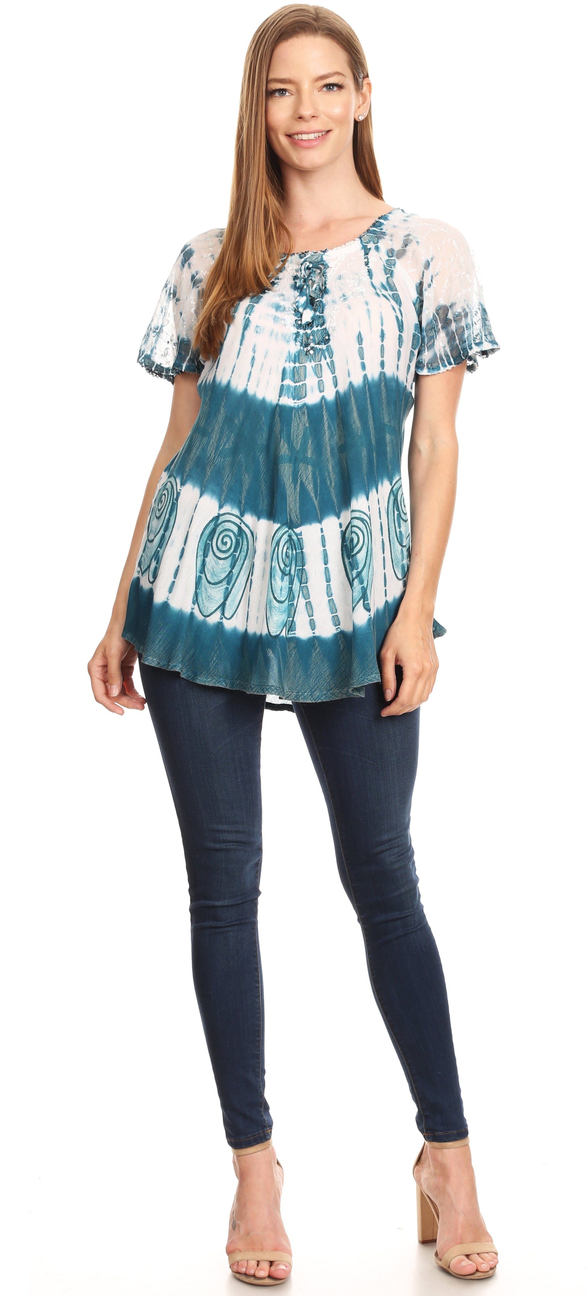 Sakkas Donna Women's Casual Lace Short Sleeve Tie Dye Corset Loose Top Blouse - Concordia Style Boutique