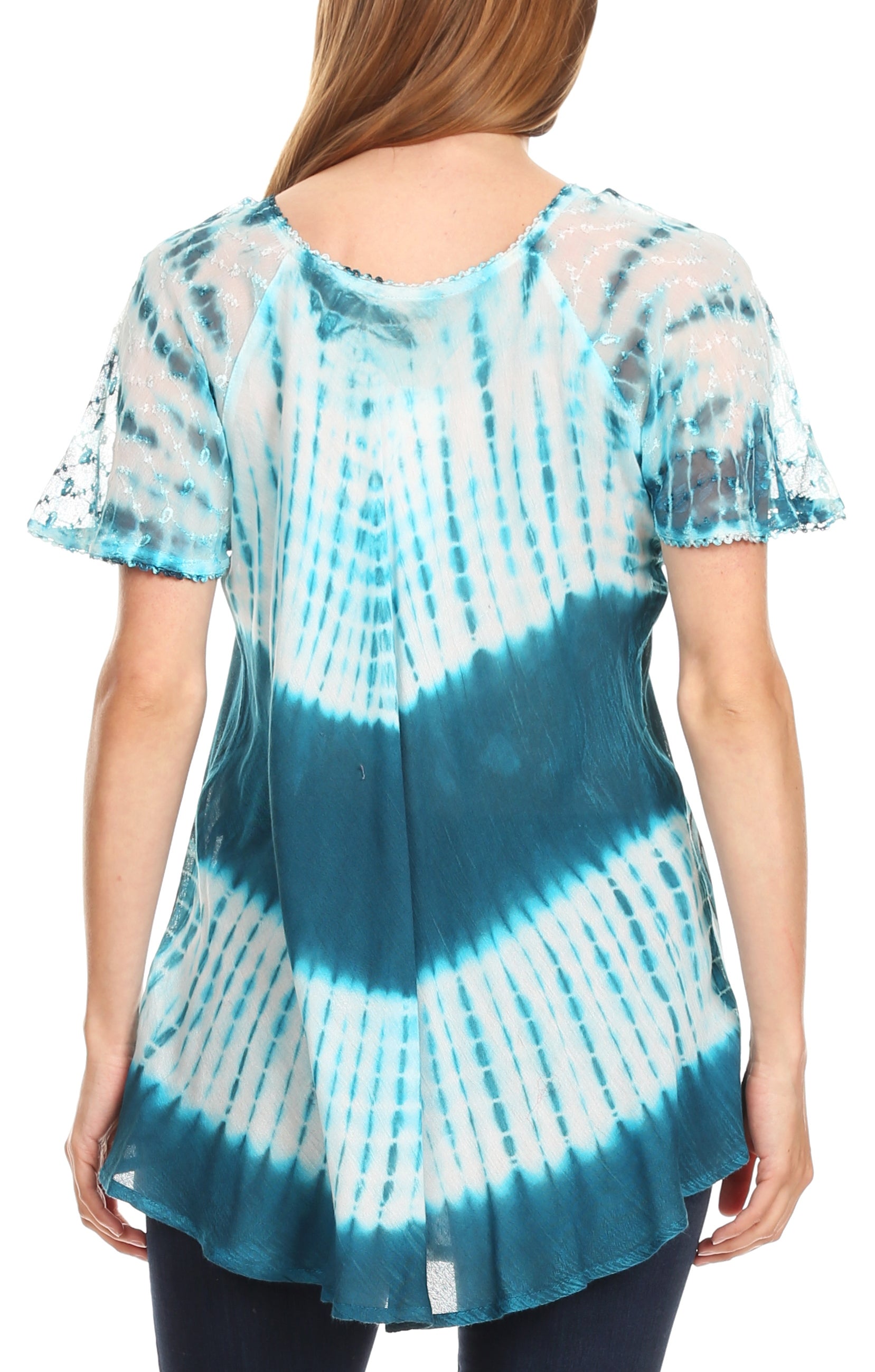 Sakkas Donna Women's Casual Lace Short Sleeve Tie Dye Corset Loose Top Blouse - Concordia Style Boutique